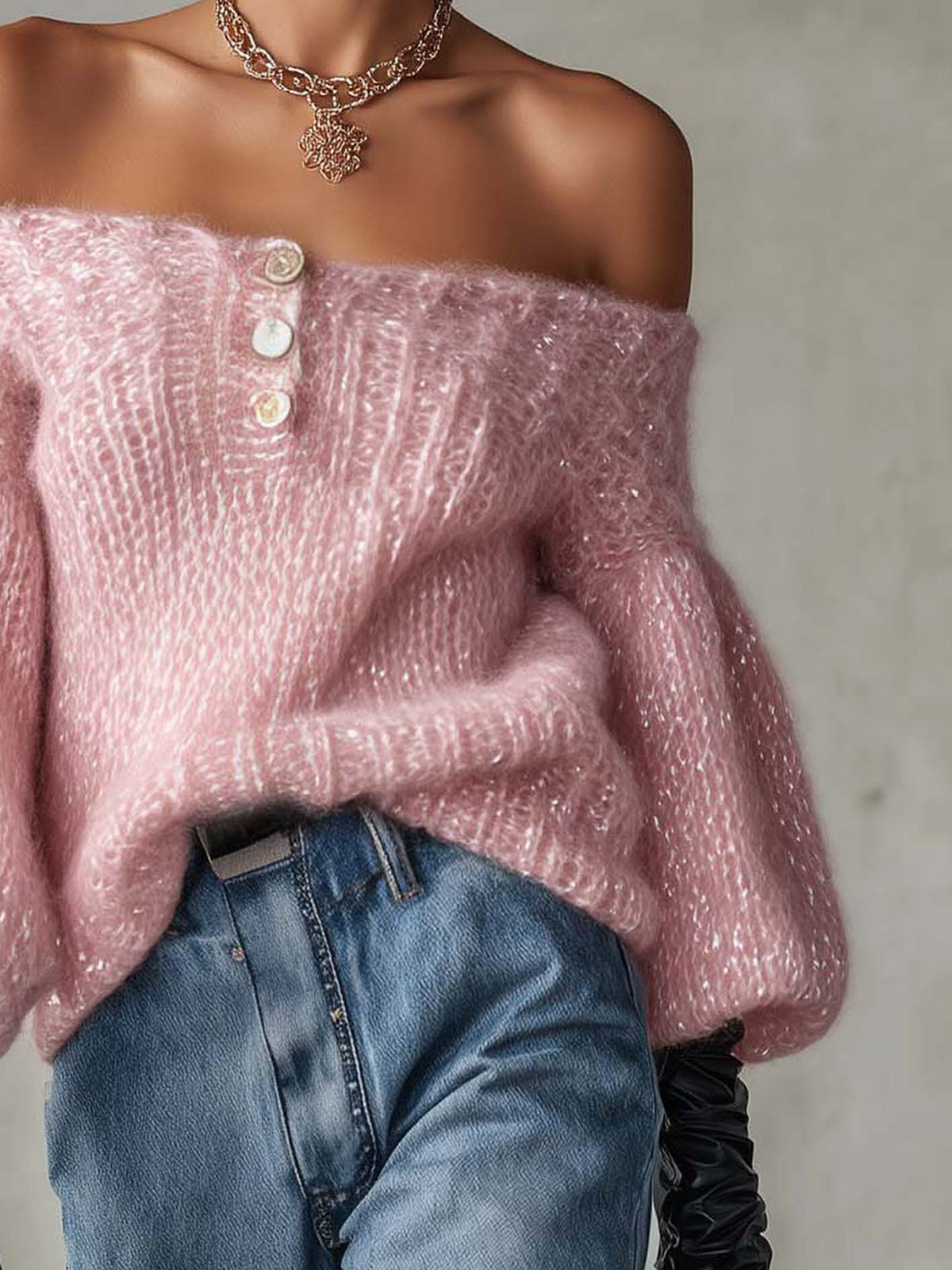 Blush Pink Shimmer Mohair Off-Shoulder Sweater With Button Placket