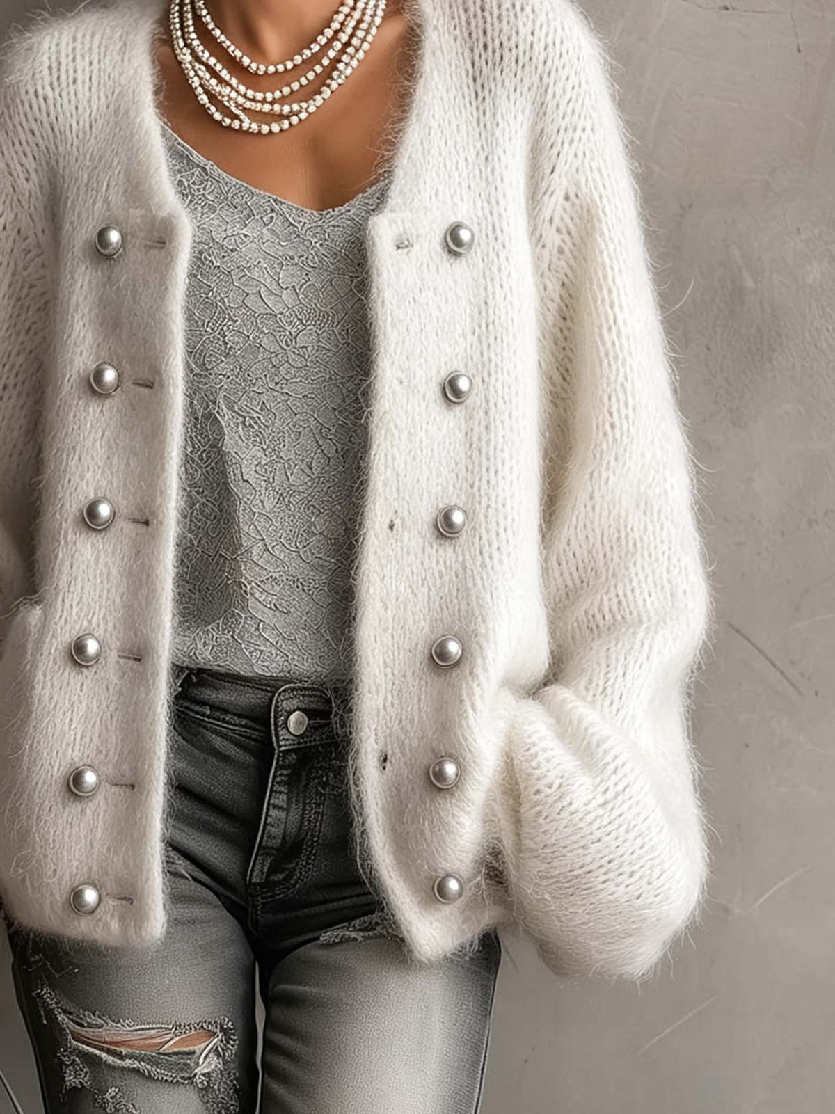 Ivory Fuzzy Mohair Cardigan With Double Row Of Pearl-Trim Buttons
