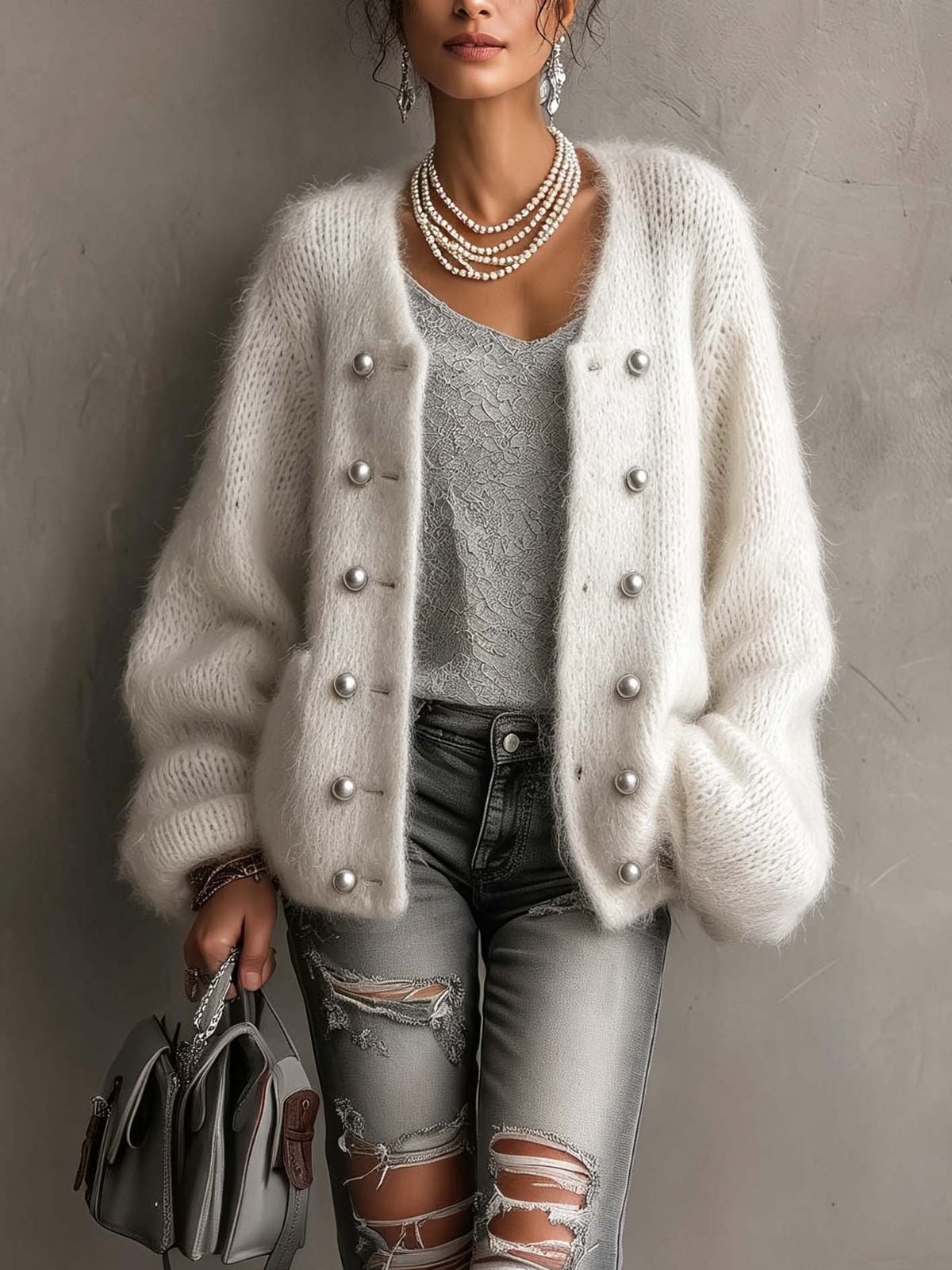 Ivory Fuzzy Mohair Cardigan With Double Row Of Pearl-Trim Buttons