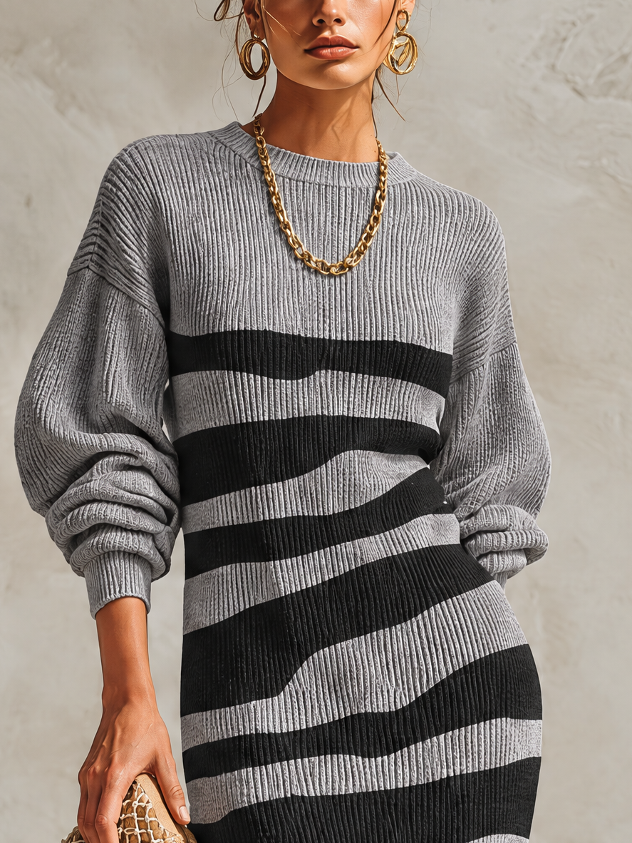 Gray And Black Striped Ribbed Knit Balloon-Sleeve Mermaid Maxi Dress