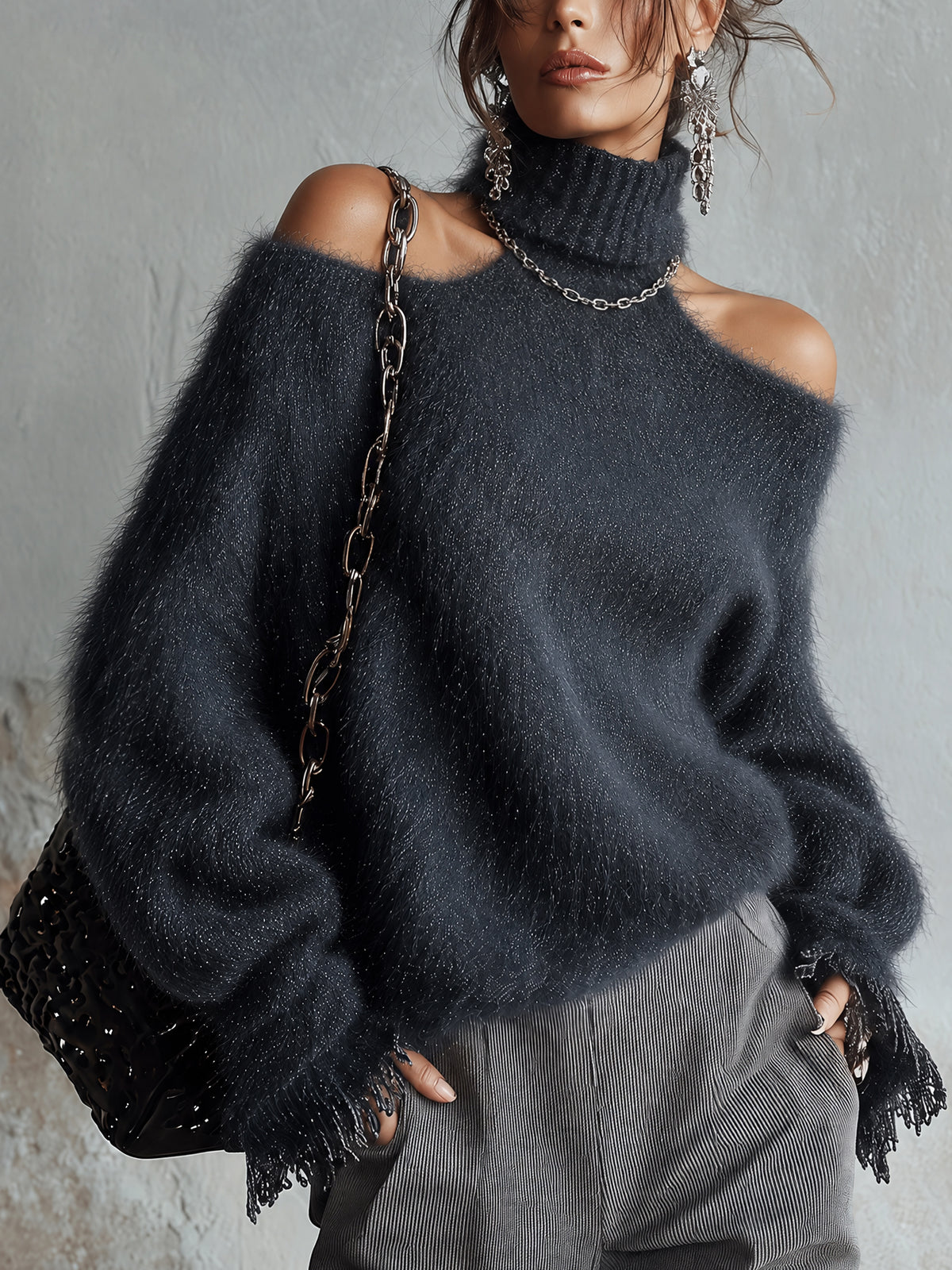 Blue Shimmer Fuzzy Knit Loose Cold Shoulder Turtleneck Sweater