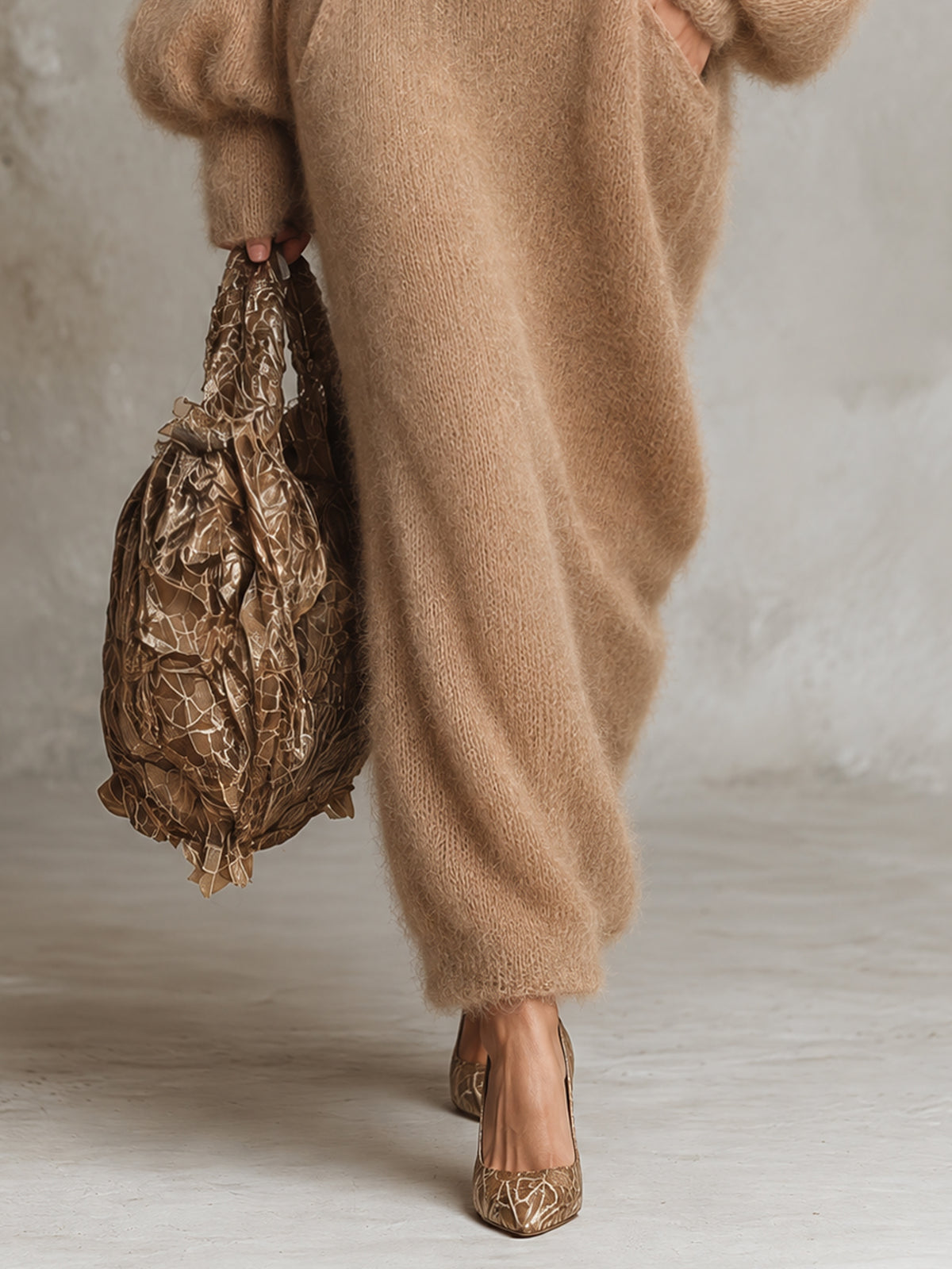Camel Oversized Mohair Embellished V-Neck Maxi Knit Dress