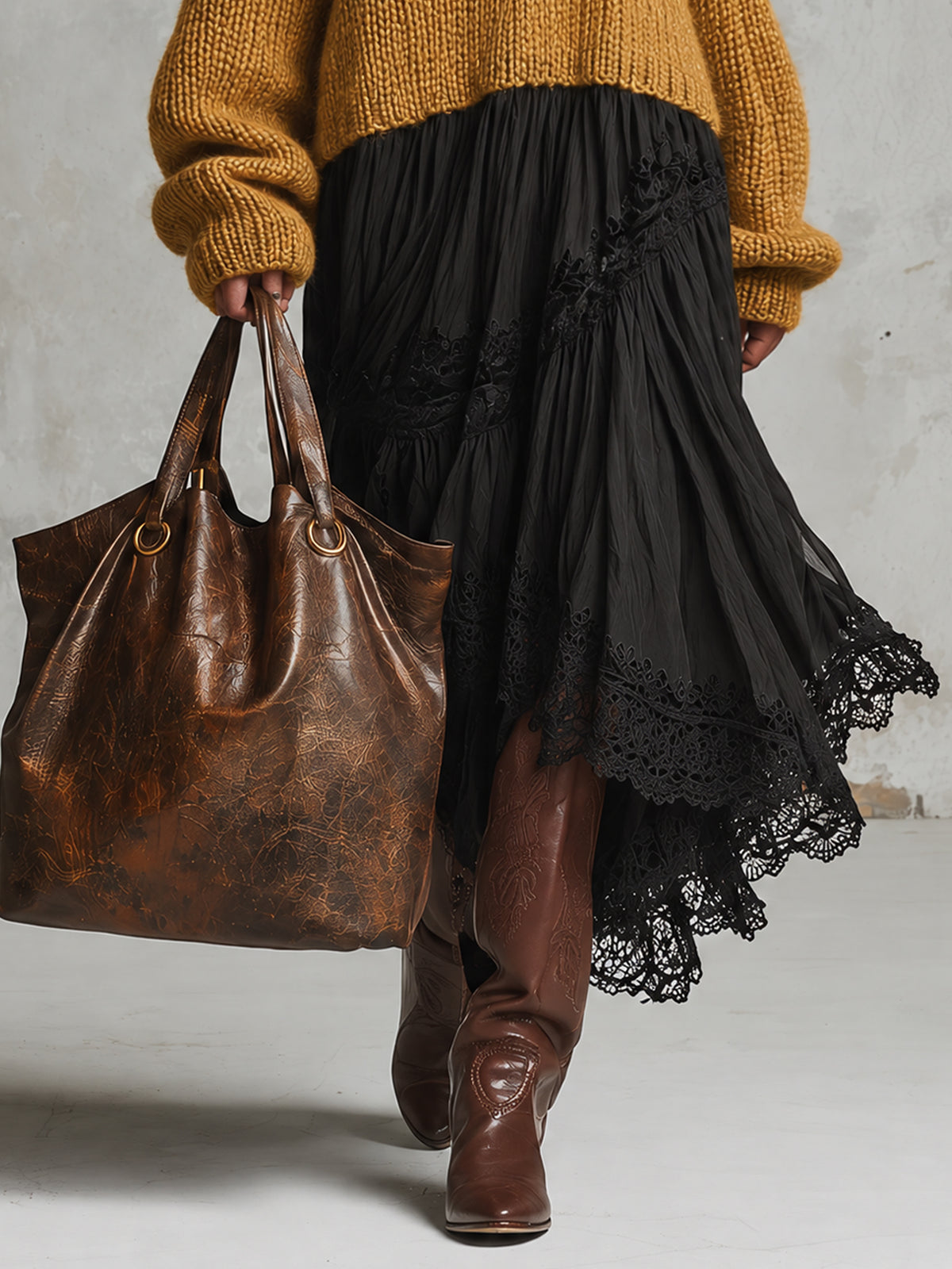 Mustard Off Shoulder Chunky Knit Spliced Chiffon Midi Dress