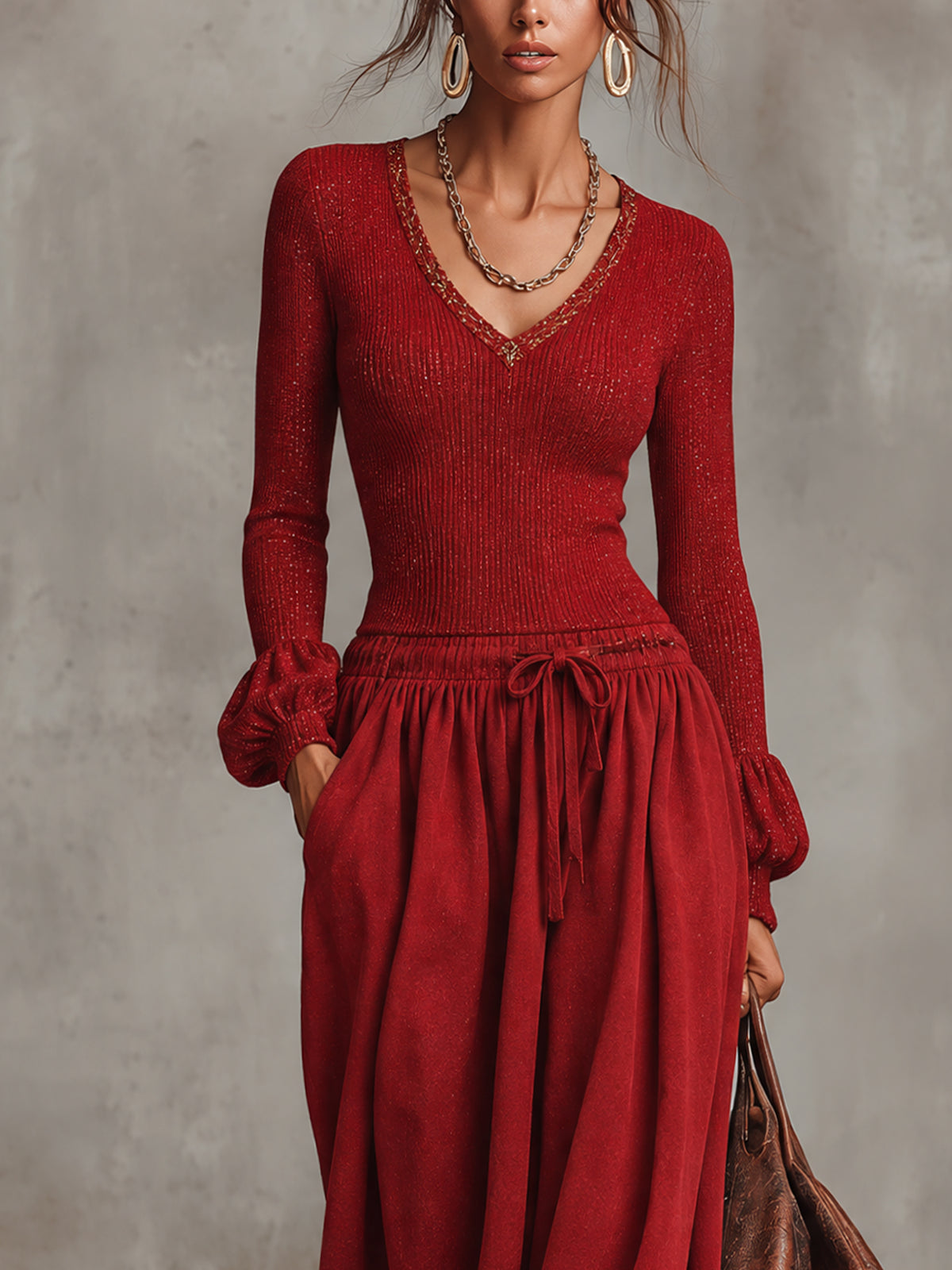 Red Sparkle Knit Top With Faux Suede Maxi Skirt Set