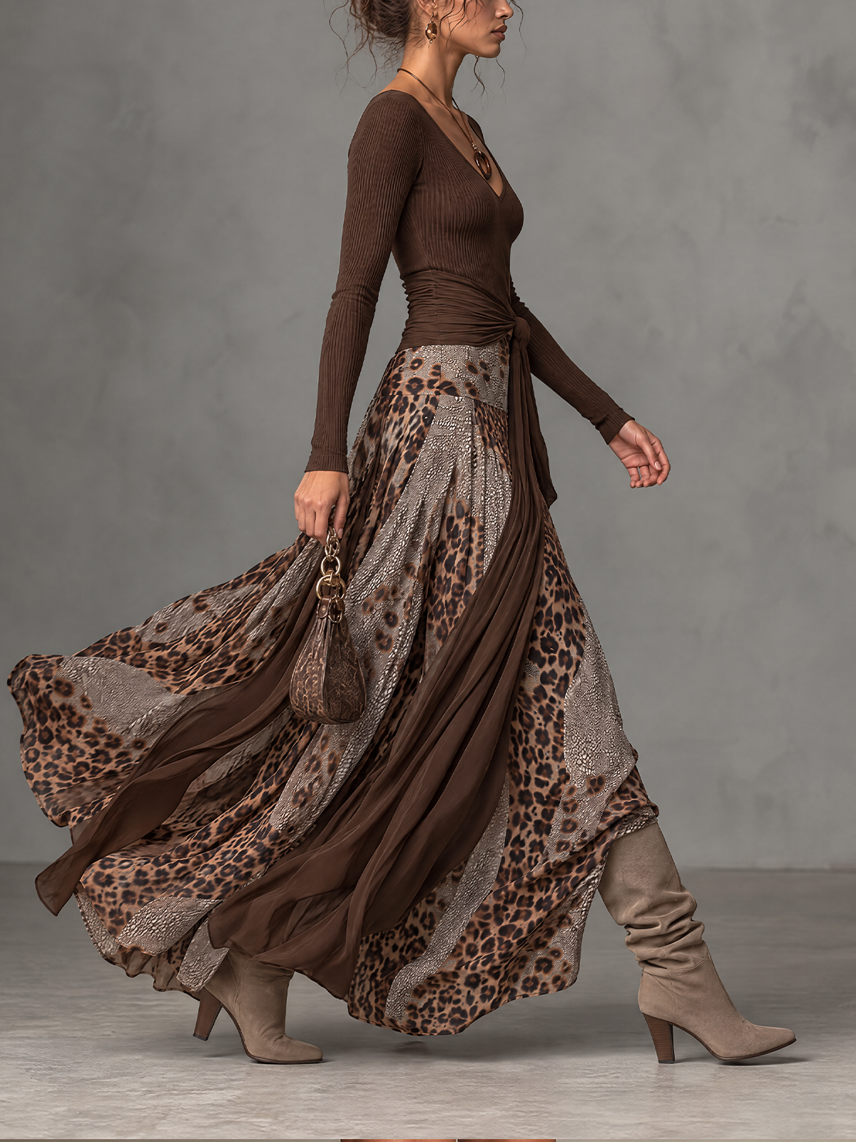 Brown Ribbed V-Neck Leopard Print Wrap Maxi Dress