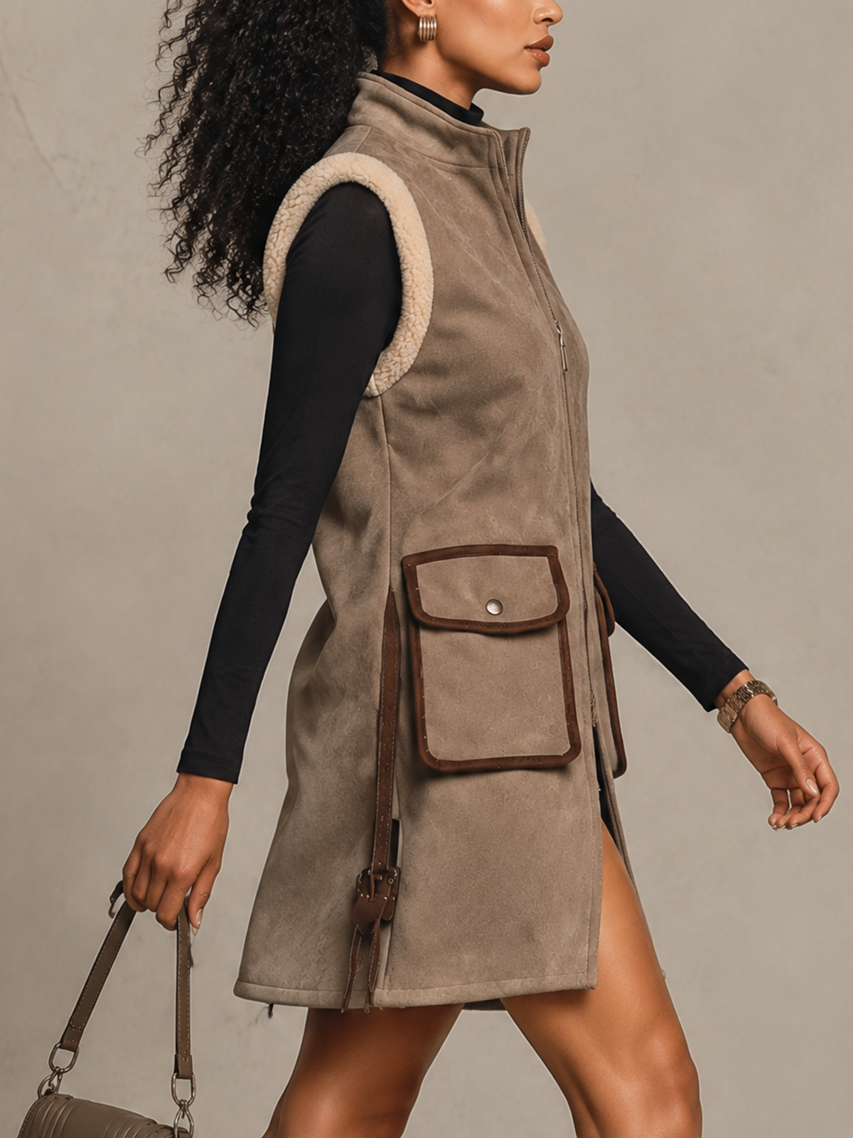 Taupe Faux Suede Shearling Trim Long Vest