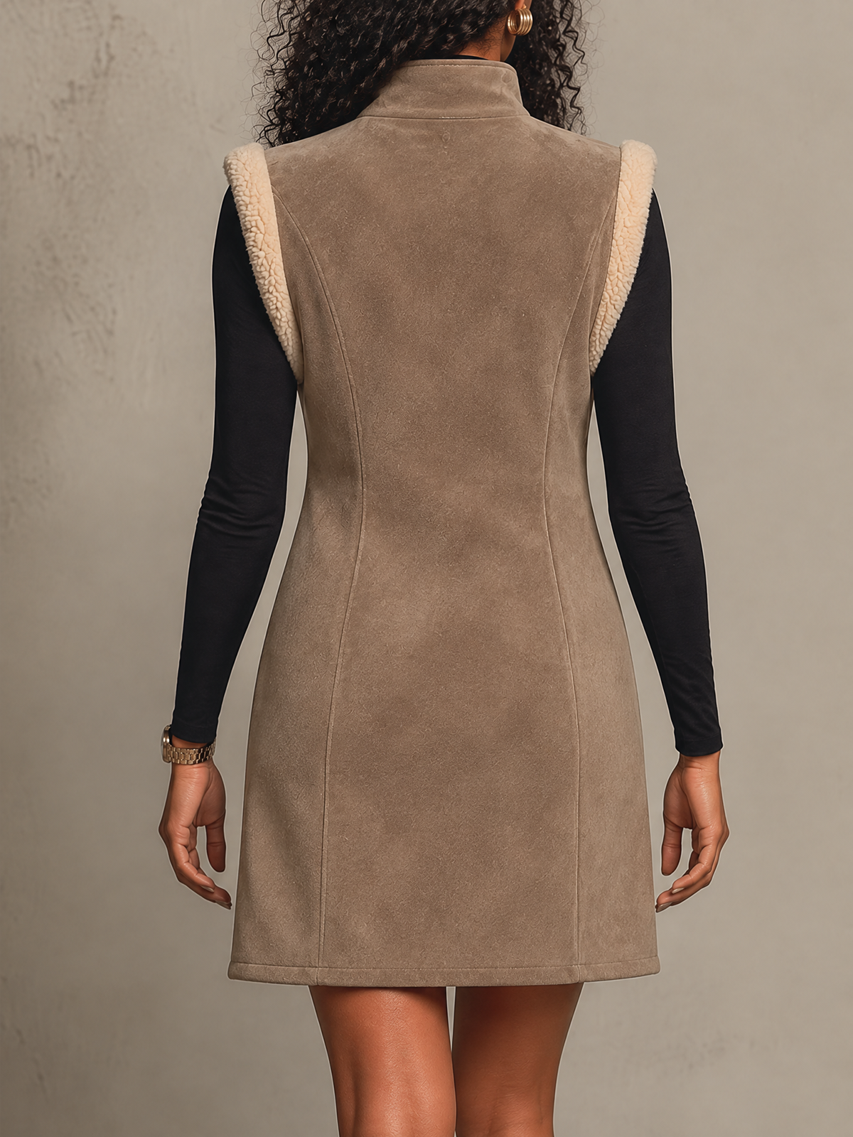 Taupe Faux Suede Shearling Trim Long Vest