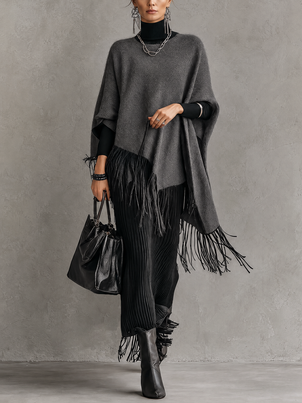 Heather Gray Wool Cape With Black Fringe Trim