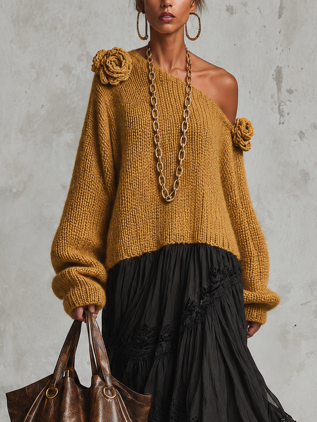 Mustard Off Shoulder Chunky Knit Spliced Chiffon Midi Dress