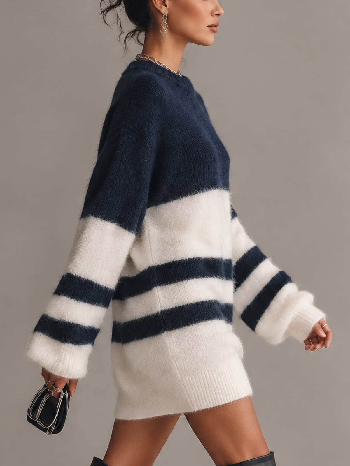 Navy And White Striped Fuzzy Knit Mini Sweater Dress