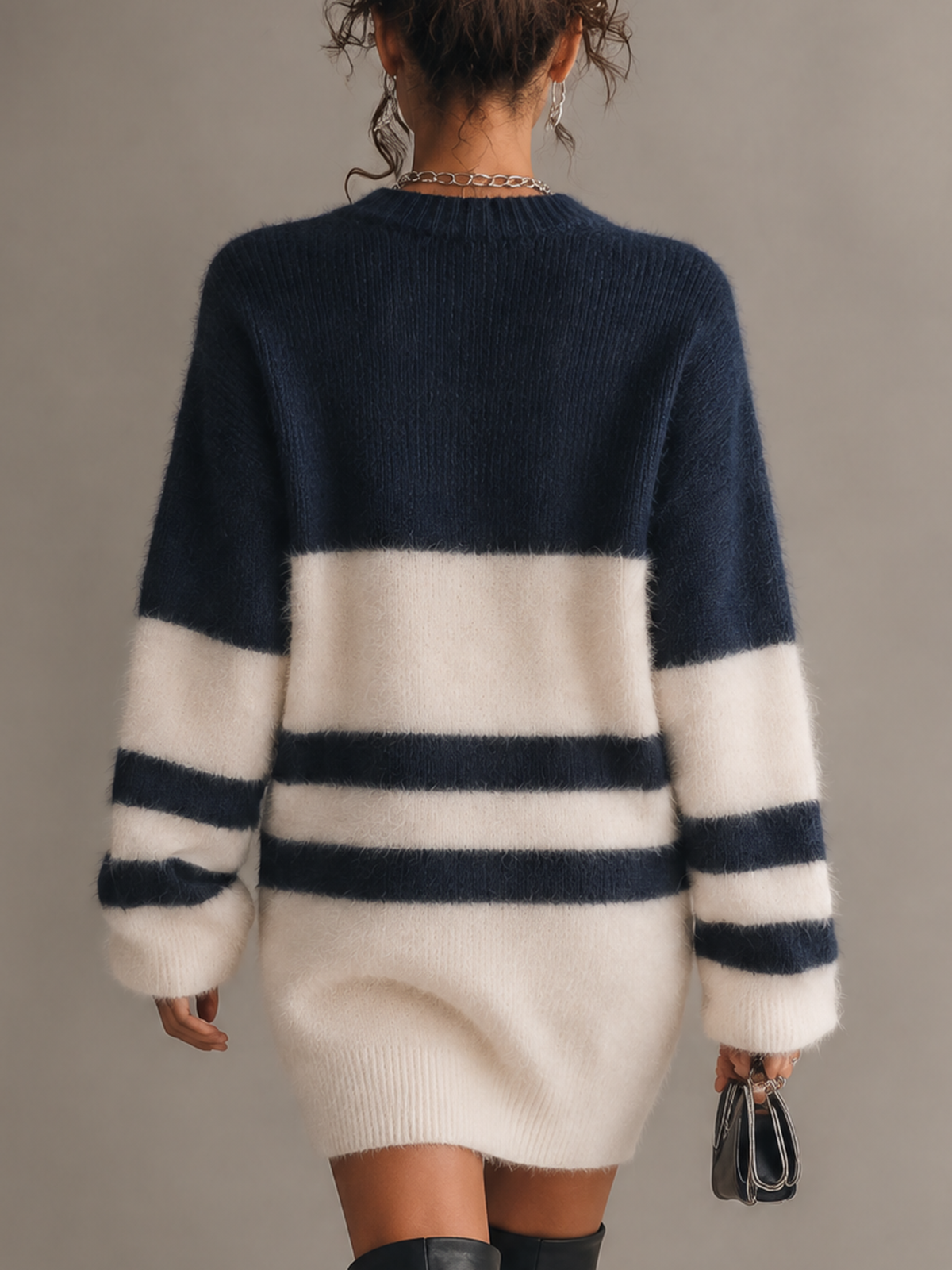 Navy And White Striped Fuzzy Knit Mini Sweater Dress