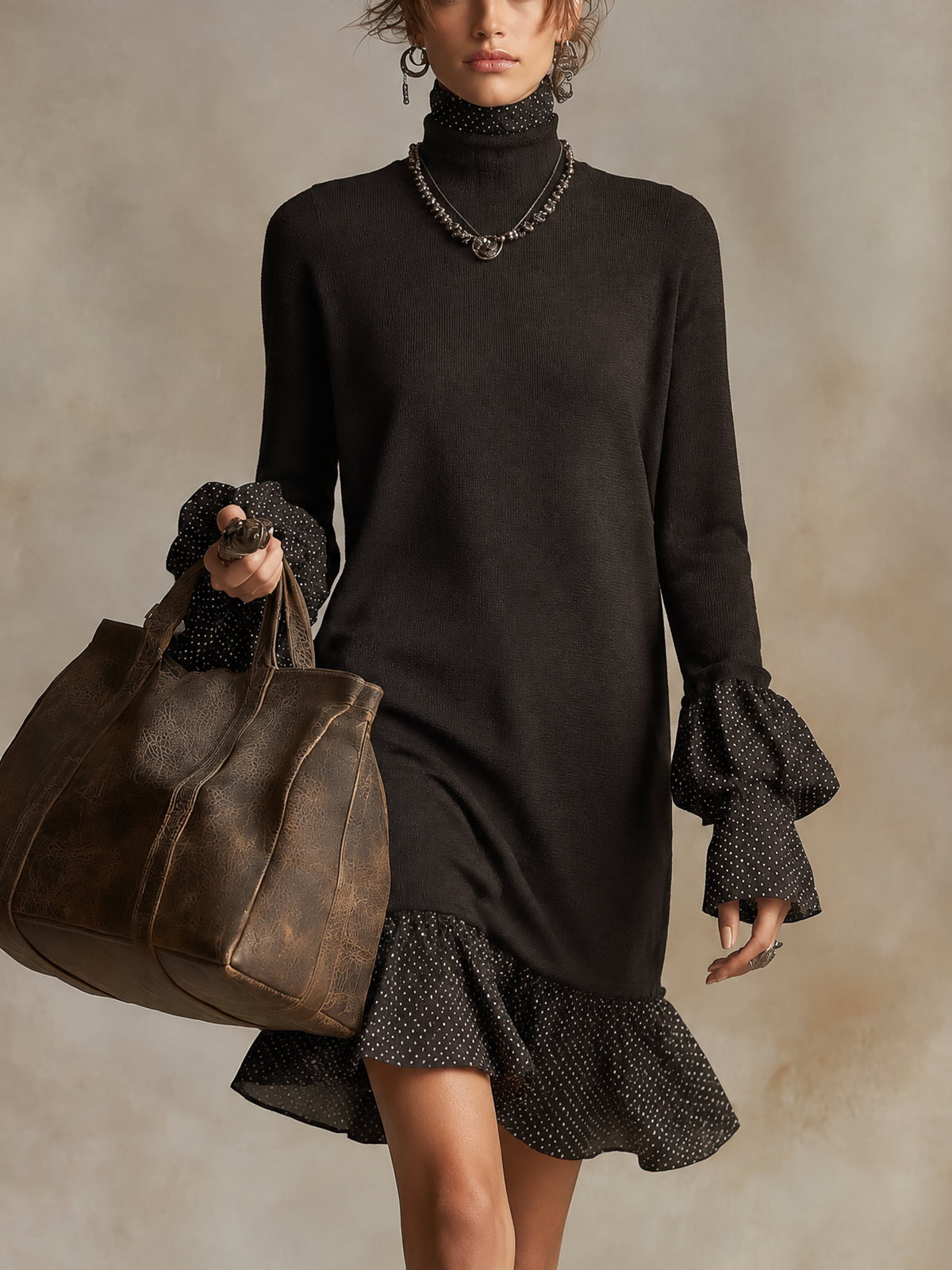 Black Knit Polka Dot Mock Neck Ruffle Mini Dress