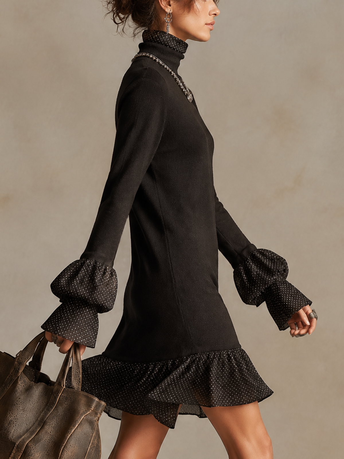 Black Knit Polka Dot Mock Neck Ruffle Mini Dress