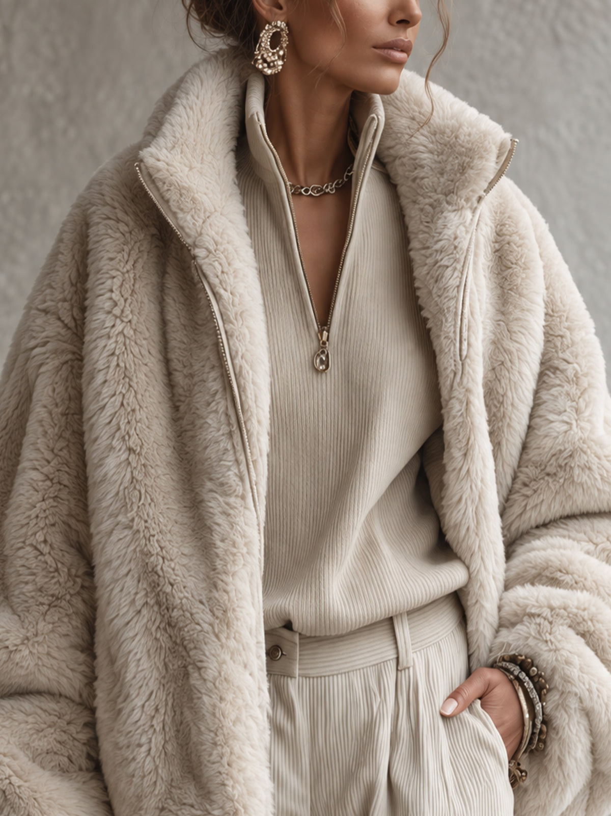 Oatmeal Faux Rabbit Fur Oversized Bomber Jacket