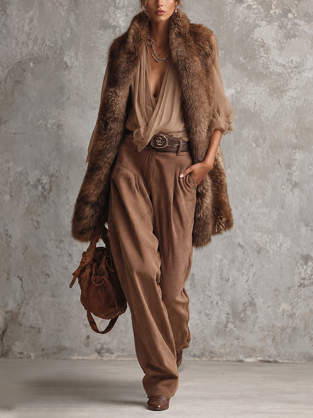 Brown Oversized Faux Fox Fur Sleeveless Longline Coat