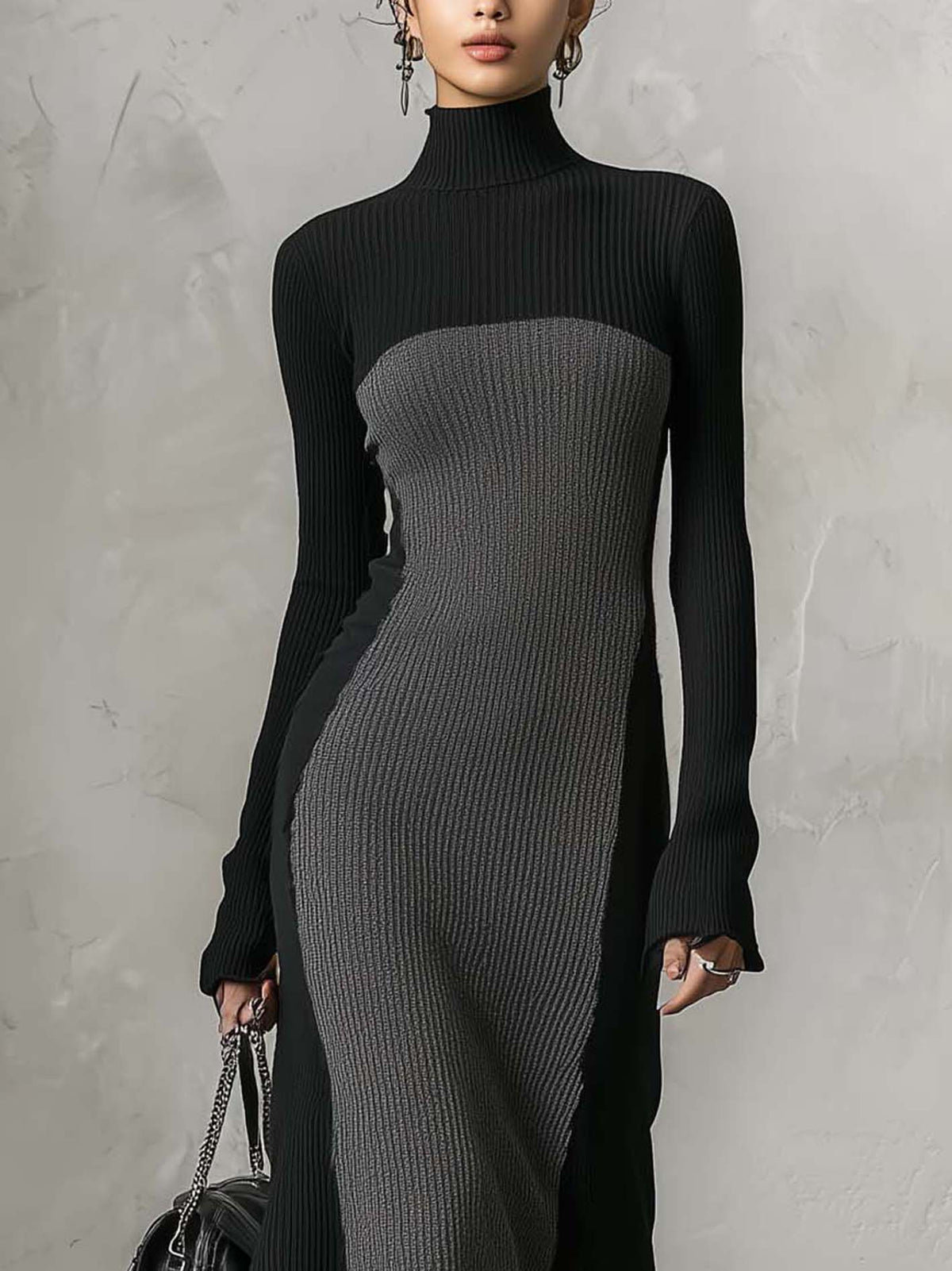 Black And Gray Two-Tone Ribbed Knit Bodycon Maxi Dress With Lace Hem