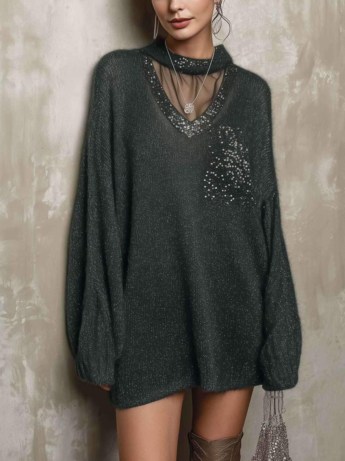 Emerald Green Shimmer Knit Mini Sweater Dress With Sheer Mesh Yoke And Sequin Trim