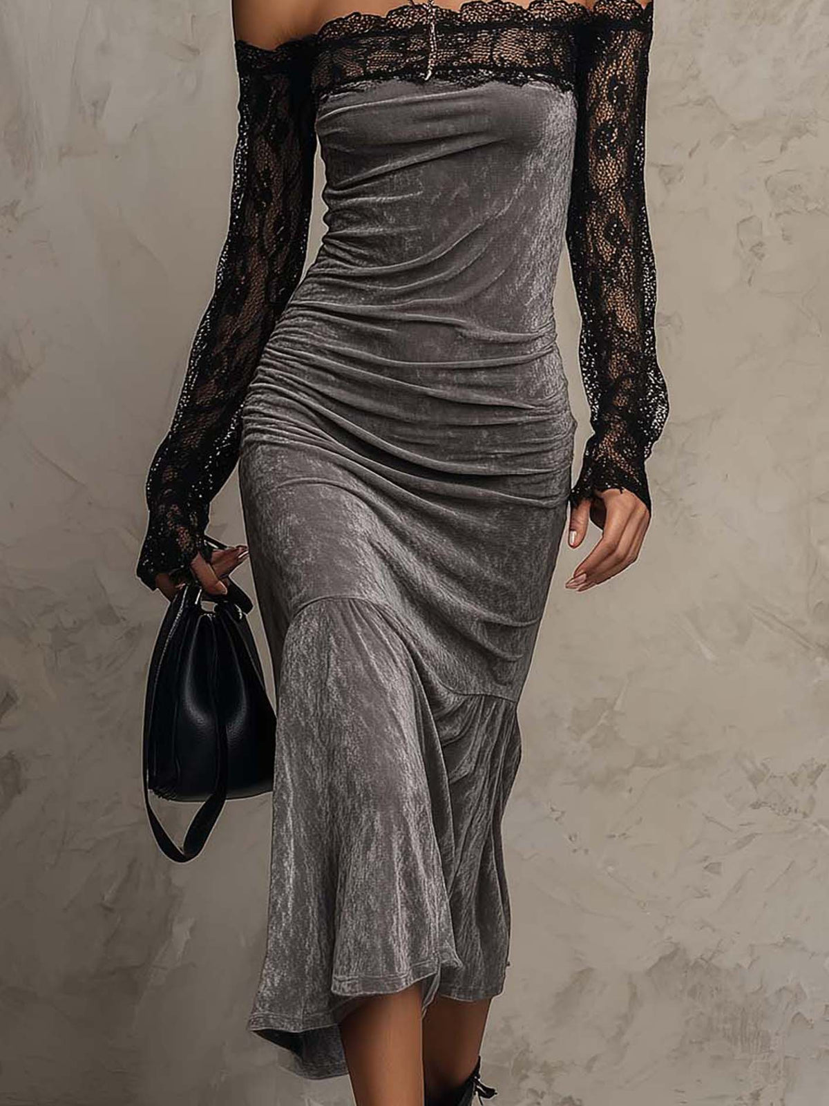 Gray Velvet Off-Shoulder Bodycon Midi Dress With Sheer Lace Sleeves