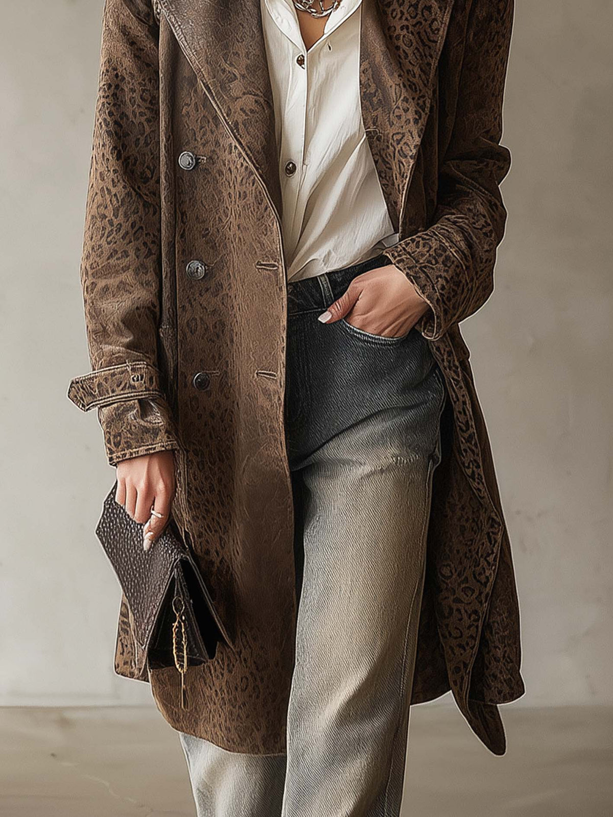 Leopard Print Faux Suede Trench Coat With Double-Breasted Buttons