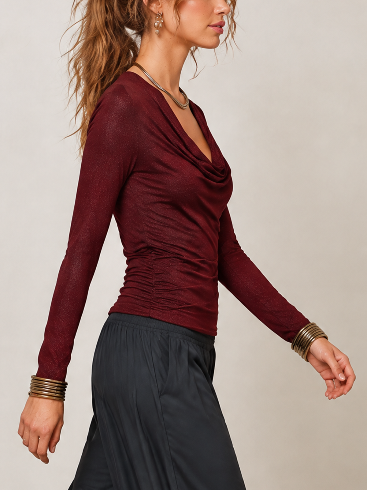 Burgundy Shimmer Cowl Neck Long Sleeve Top