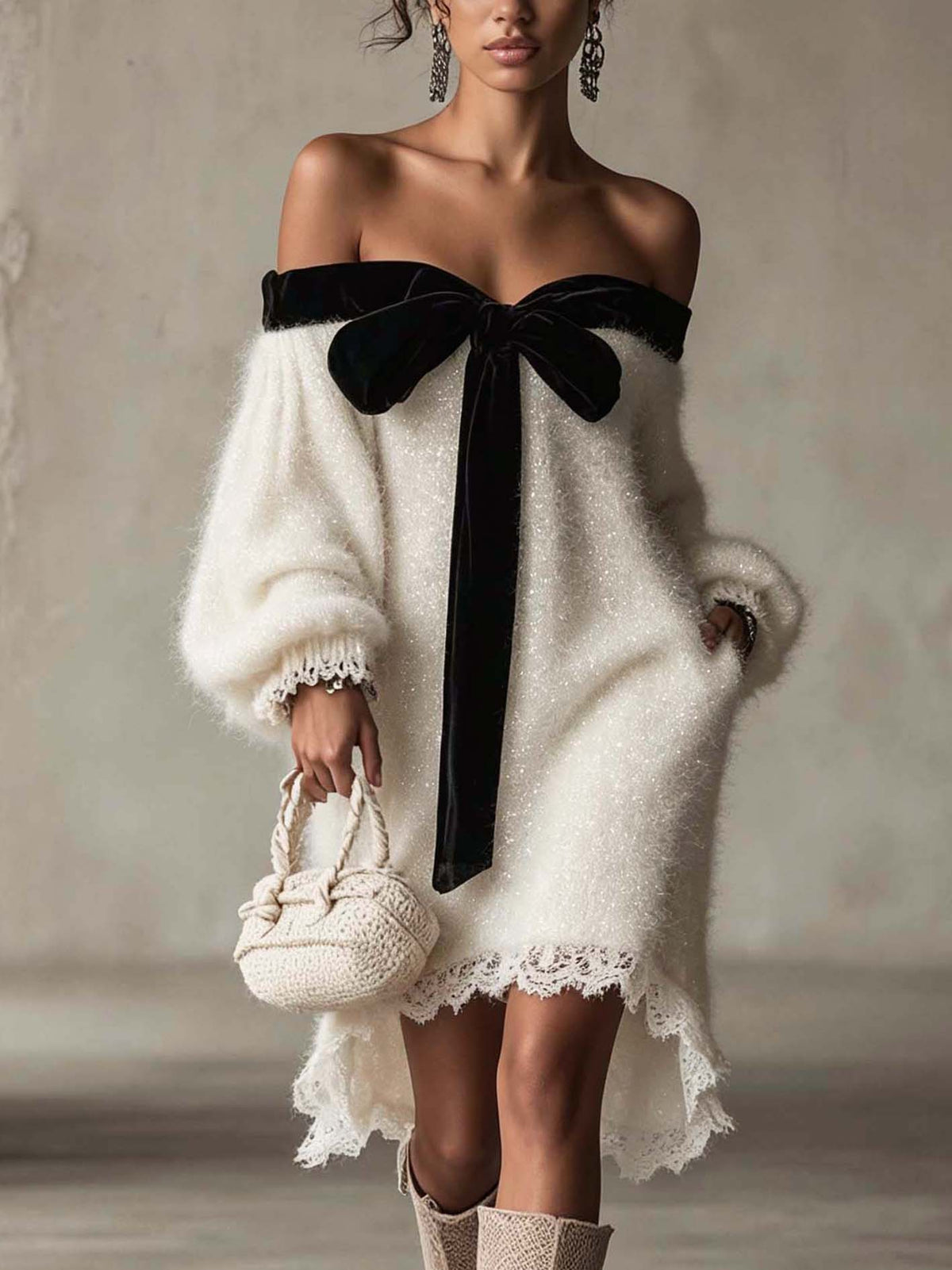 Ivory Shimmer Fuzzy Knit Off-Shoulder Mini Dress With Black Velvet Bow