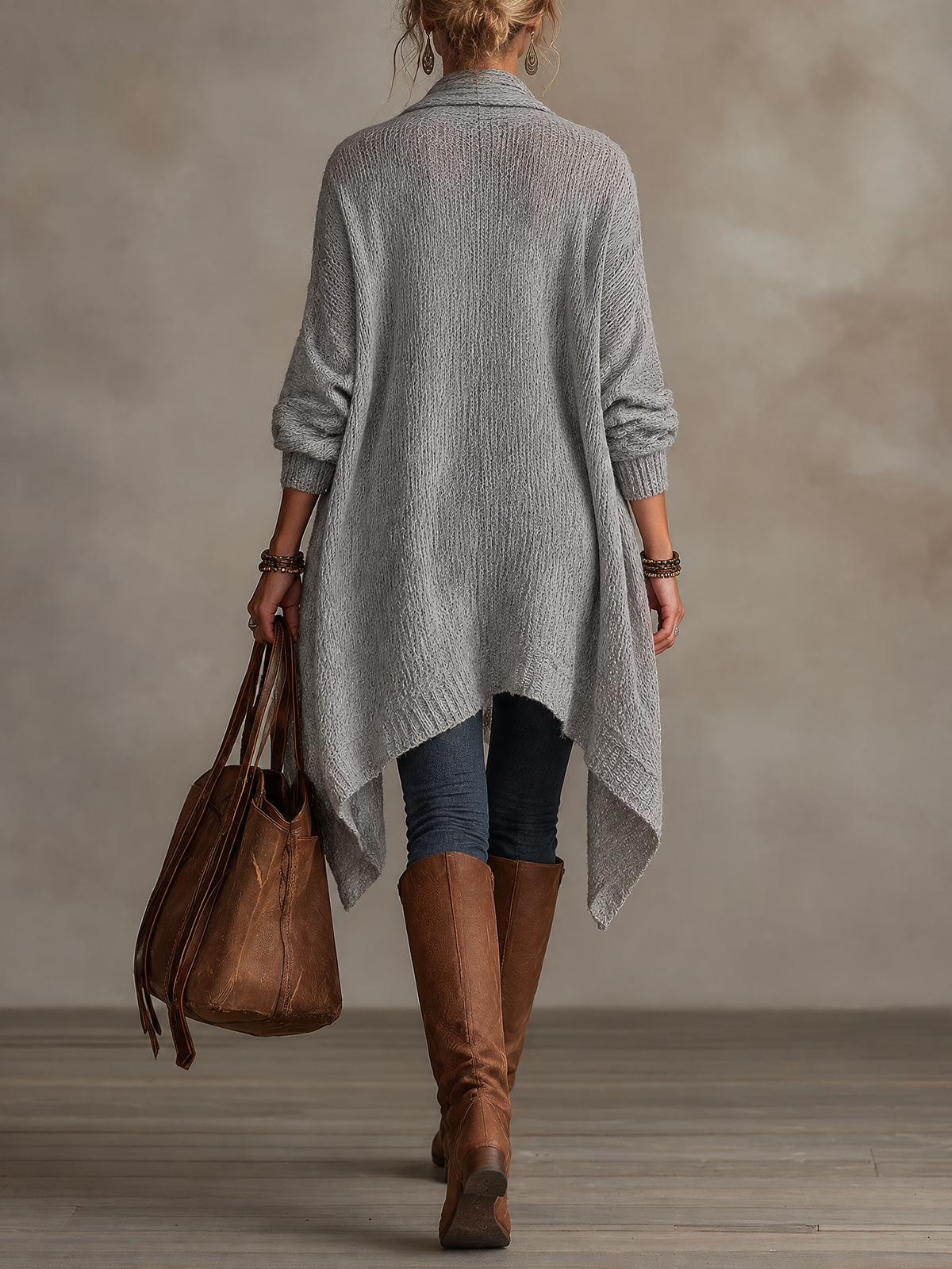 Light Gray Chunky Knit Waterfall Open Front Long Cardigan
