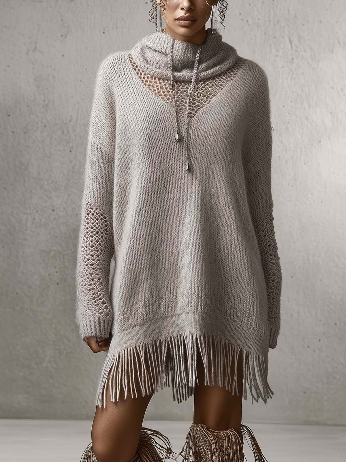 Taupe Openwork Knit Mini Sweater Dress With Fringe Hem