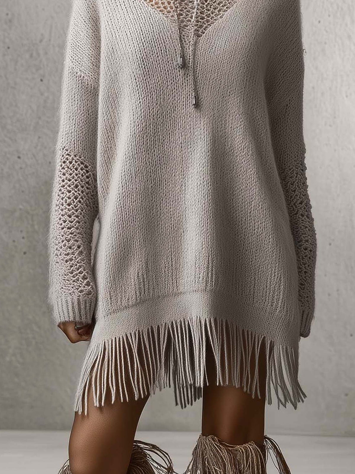 Taupe Openwork Knit Mini Sweater Dress With Fringe Hem
