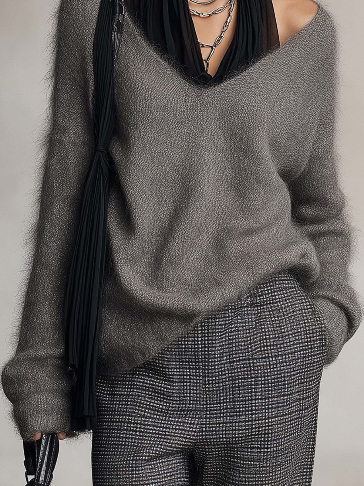 Charcoal Gray Fuzzy Knit Sweater With Black Chiffon Halter Neck Detail