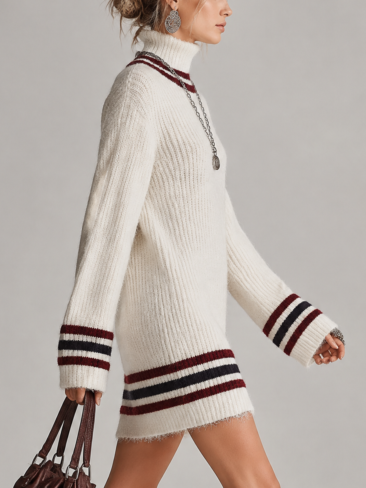 Cream Striped Turtleneck Knit Mini Dress