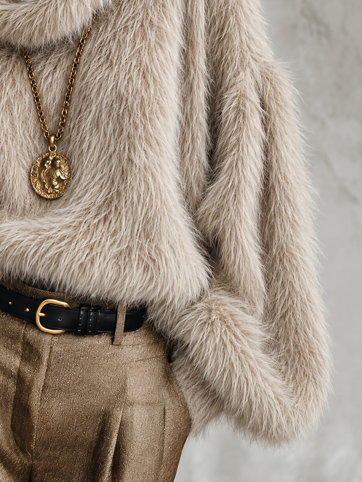 Camel Oversized Faux Mink Knit Cowl Neck Sweater