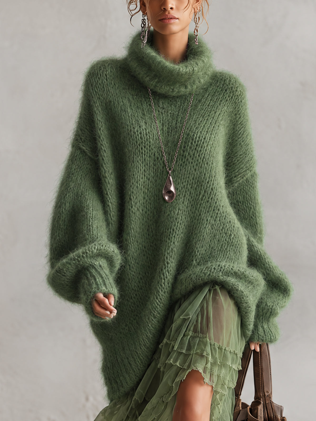 Green Oversized Mohair Knit Turtleneck Midi Dress With Chiffon Ruffle Hem