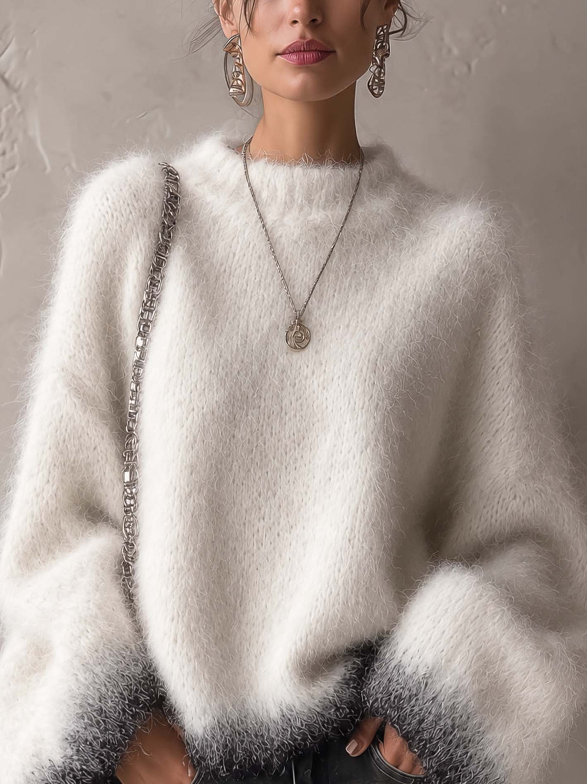 Ivory Mohair Sweater With Gradient Charcoal Cuffs And Hem
