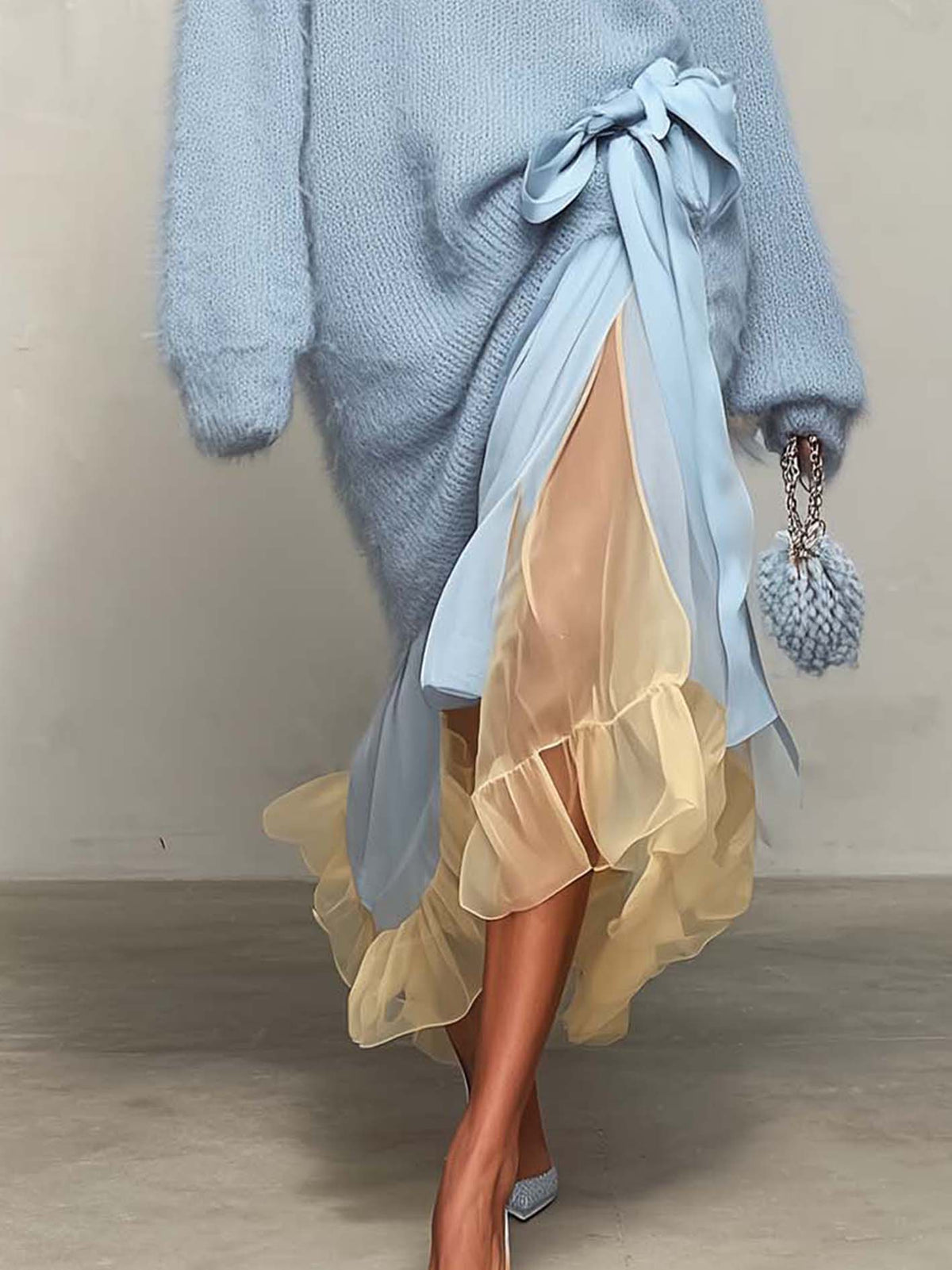 Light Blue Mohair Sweater Dress With Yellow Chiffon Maxi Skirt Patchwork