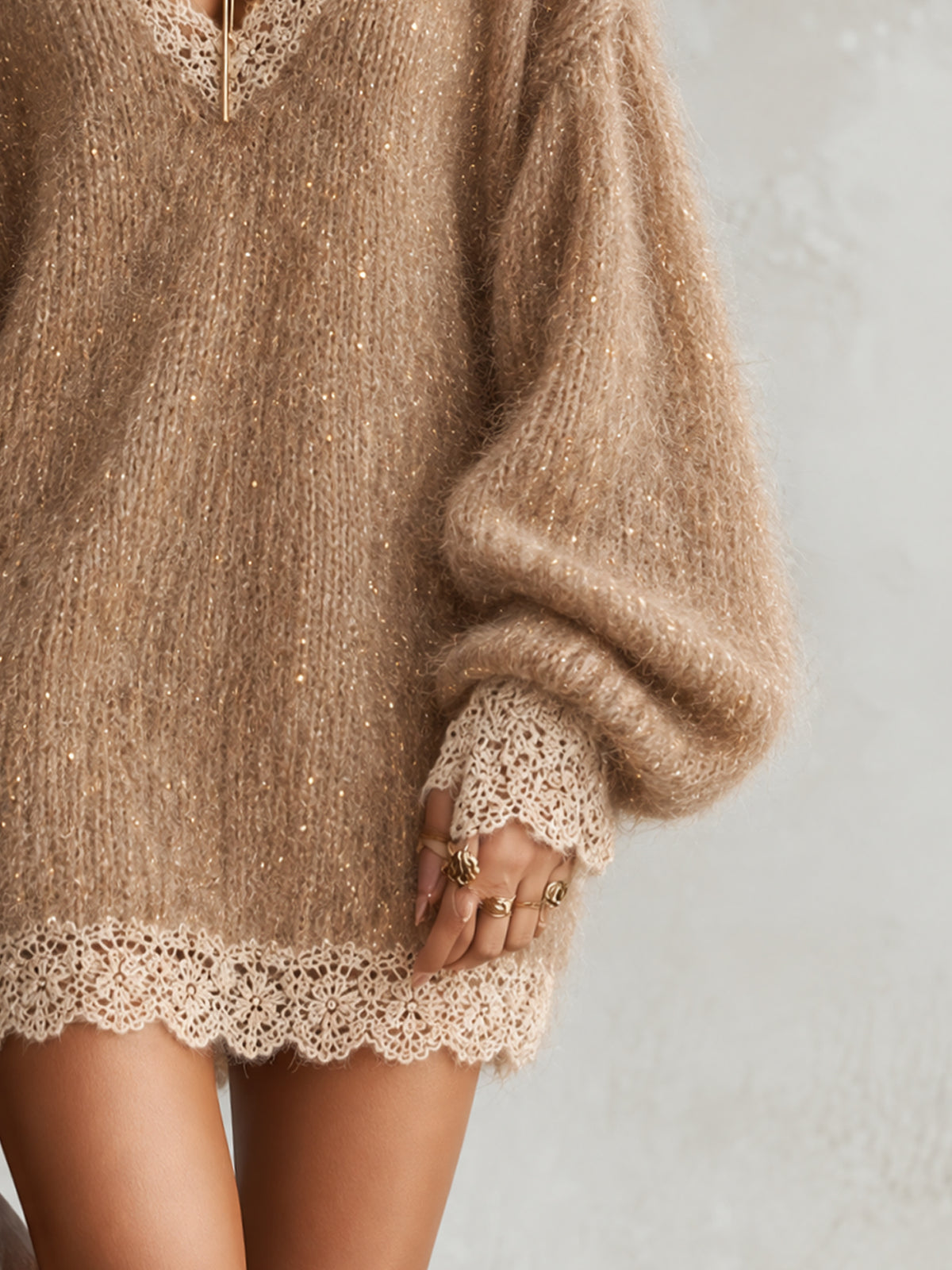 Camel Oversized Shimmer Knit Lace Trim V-Neck Mini Dress