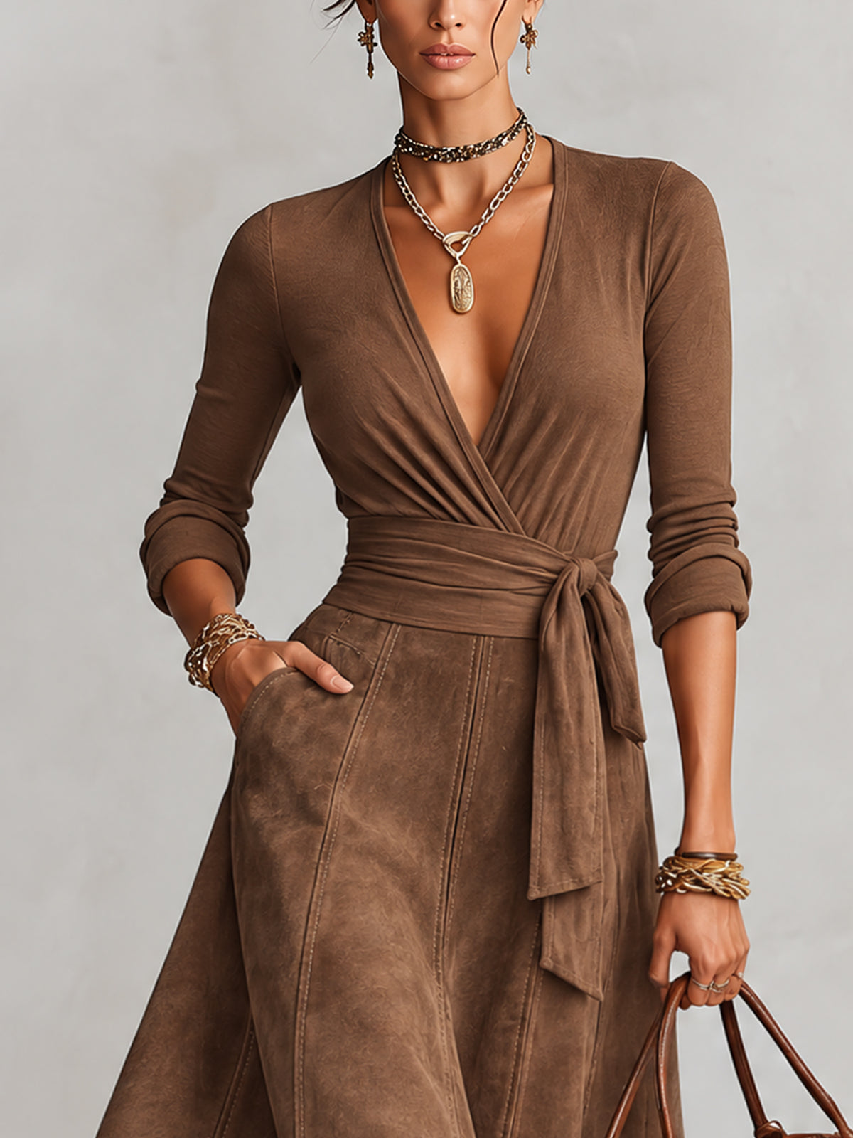 Brown Vintage Faux Suede Wrap Tie Maxi Dress