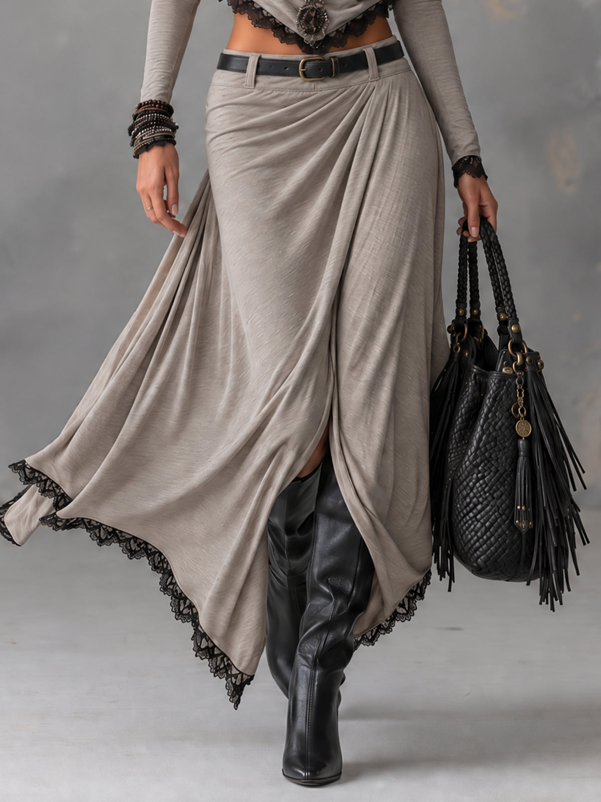Gray Stretch Knit Cowl Neck Crop Top And Slit Maxi Skirt Set