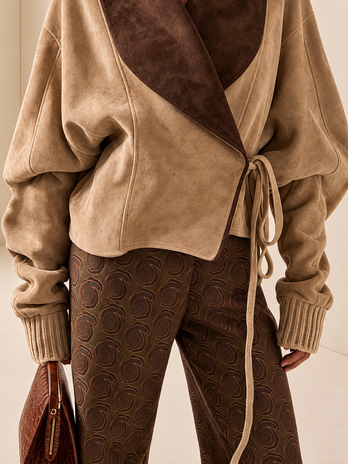 Two-Tone Suede Wrap Tie Waist Cropped Jacket