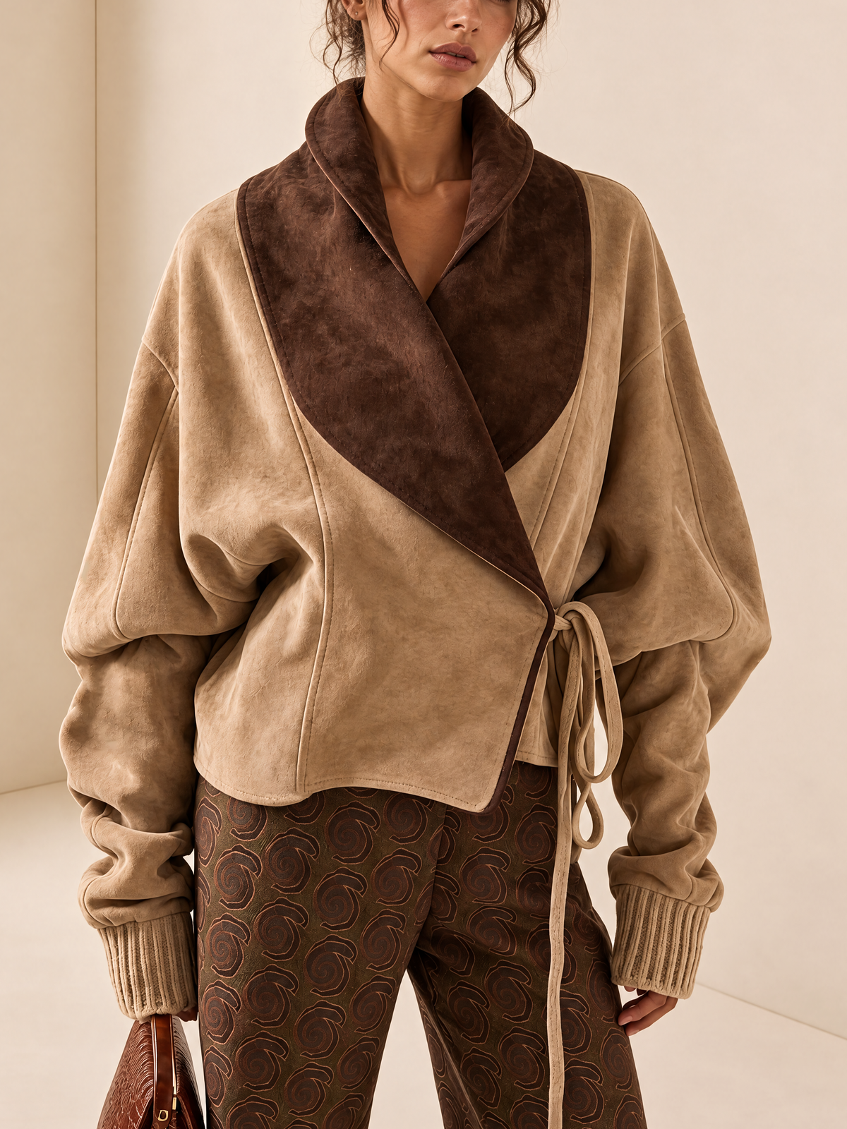 Two-Tone Suede Wrap Tie Waist Cropped Jacket