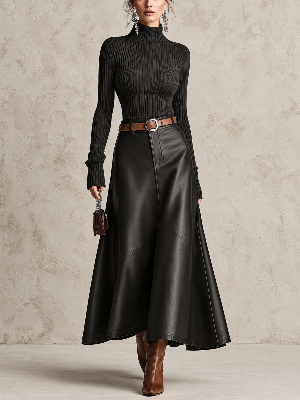 Black Ribbed Turtleneck Sweater & Pu Leather Maxi Skirt Two-Piece Set