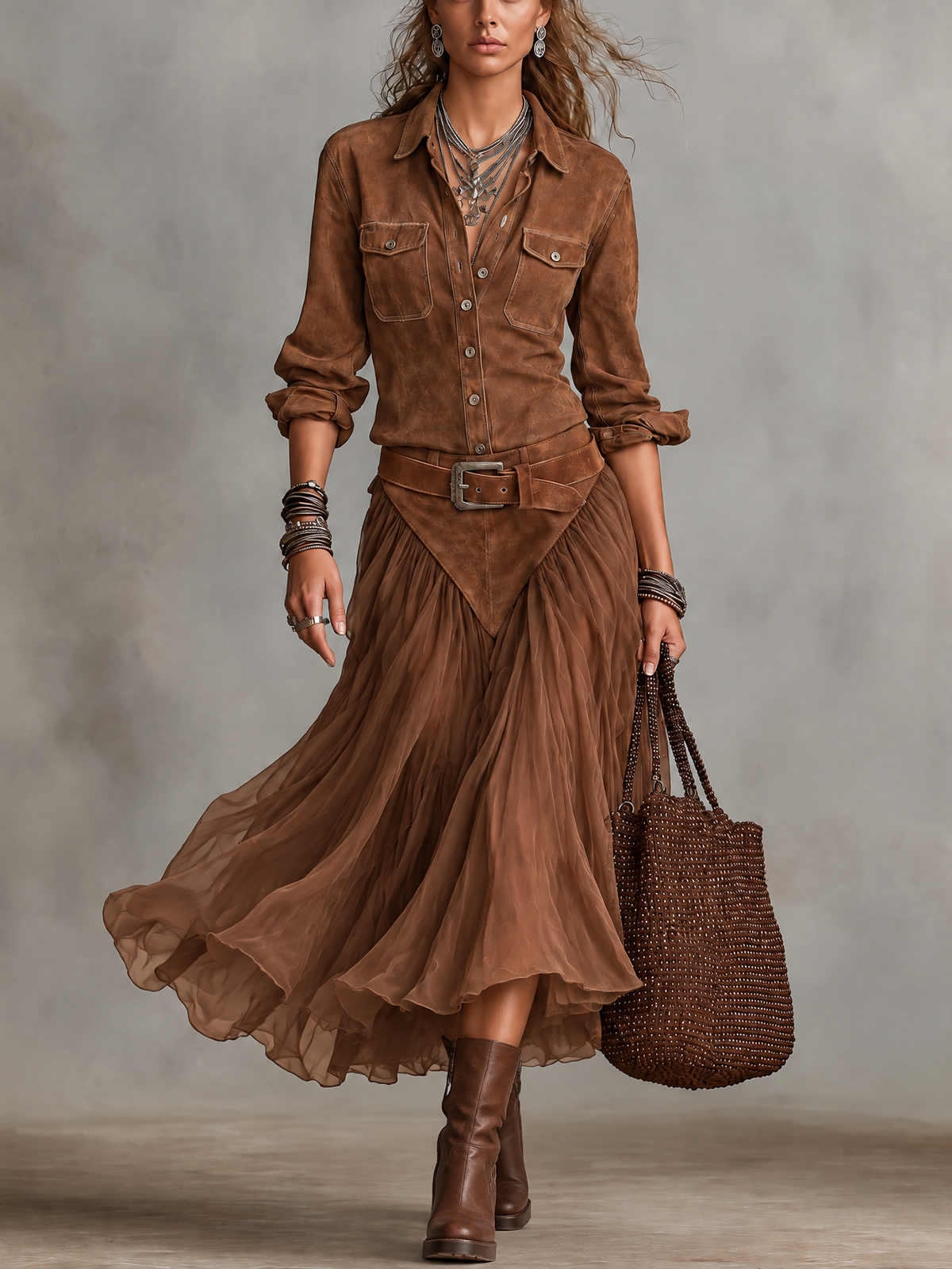 Brown Faux Suede Shirt And Flowy Tulle Midi Skirt Set