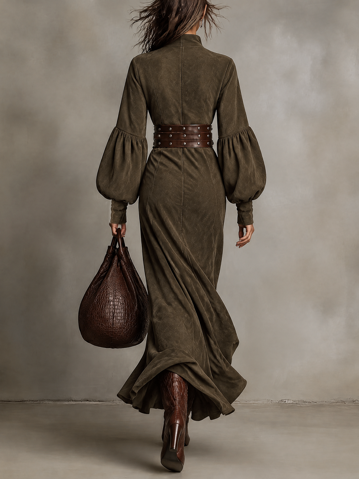 Olive Green Faux Suede Balloon Sleeve Maxi Dress