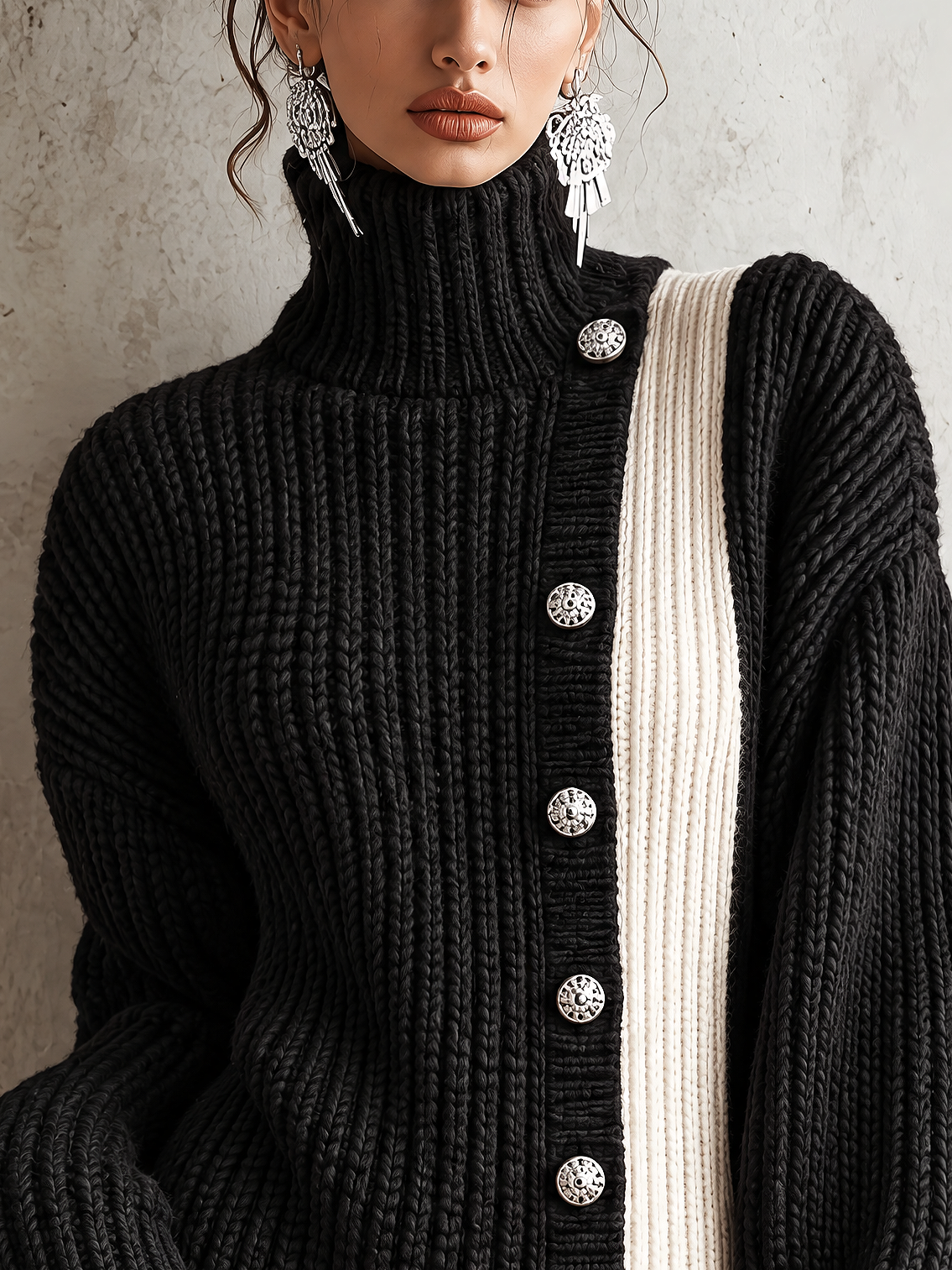 Black And White Color Block Turtleneck Chunky Knit Mini Sweater Dress