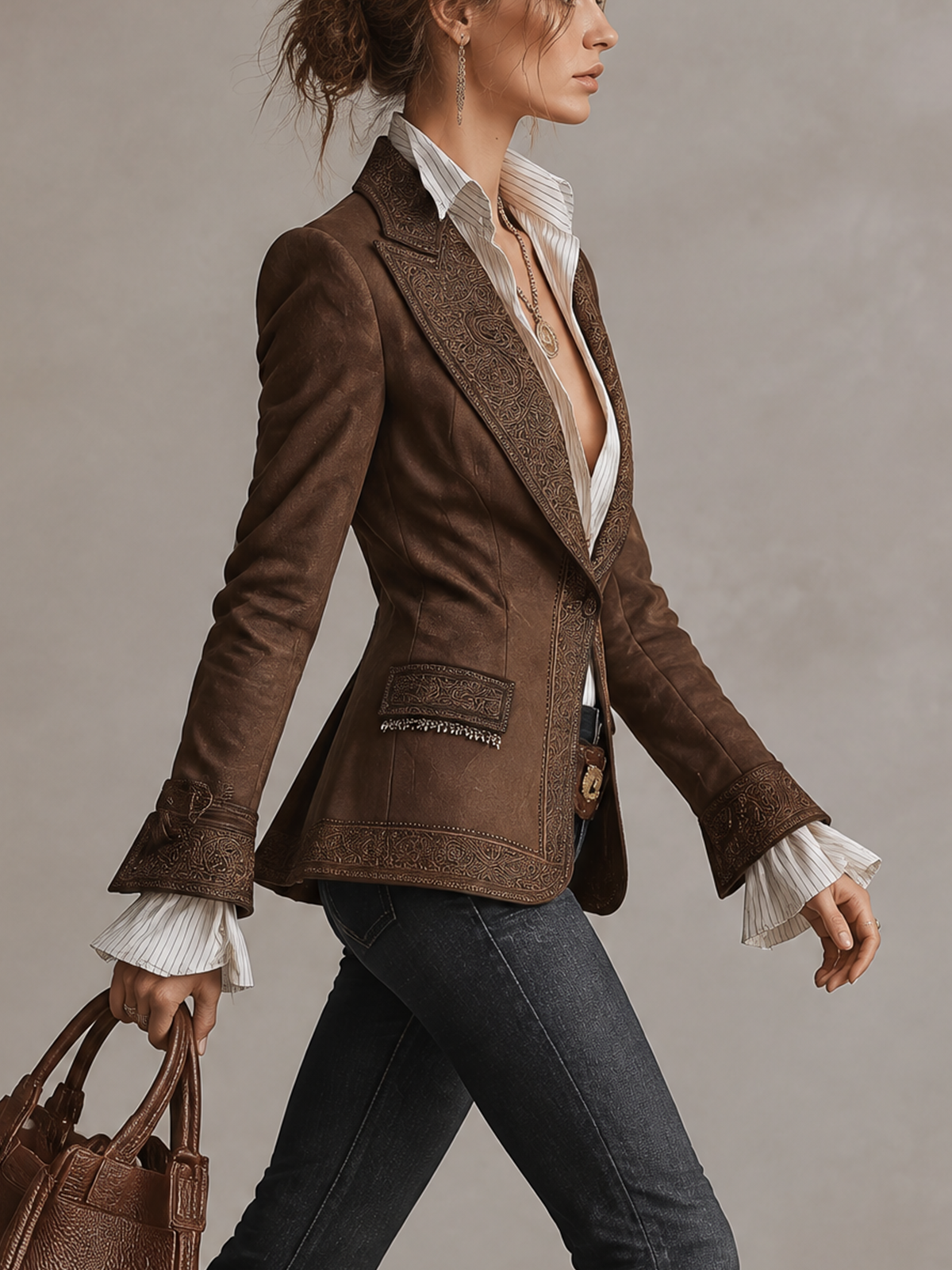 Brown Faux Suede Embroidered Western Blazer Jacket