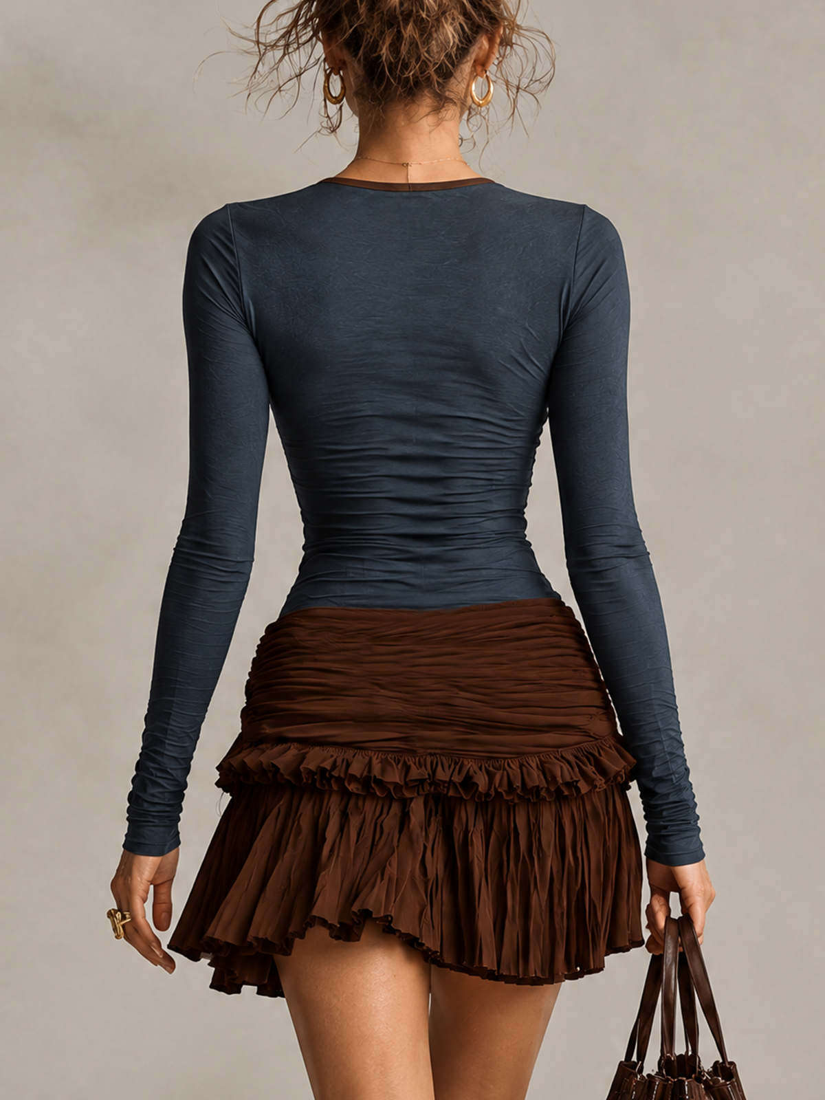 Two-Tone Ruched Long Sleeve Mini Dress