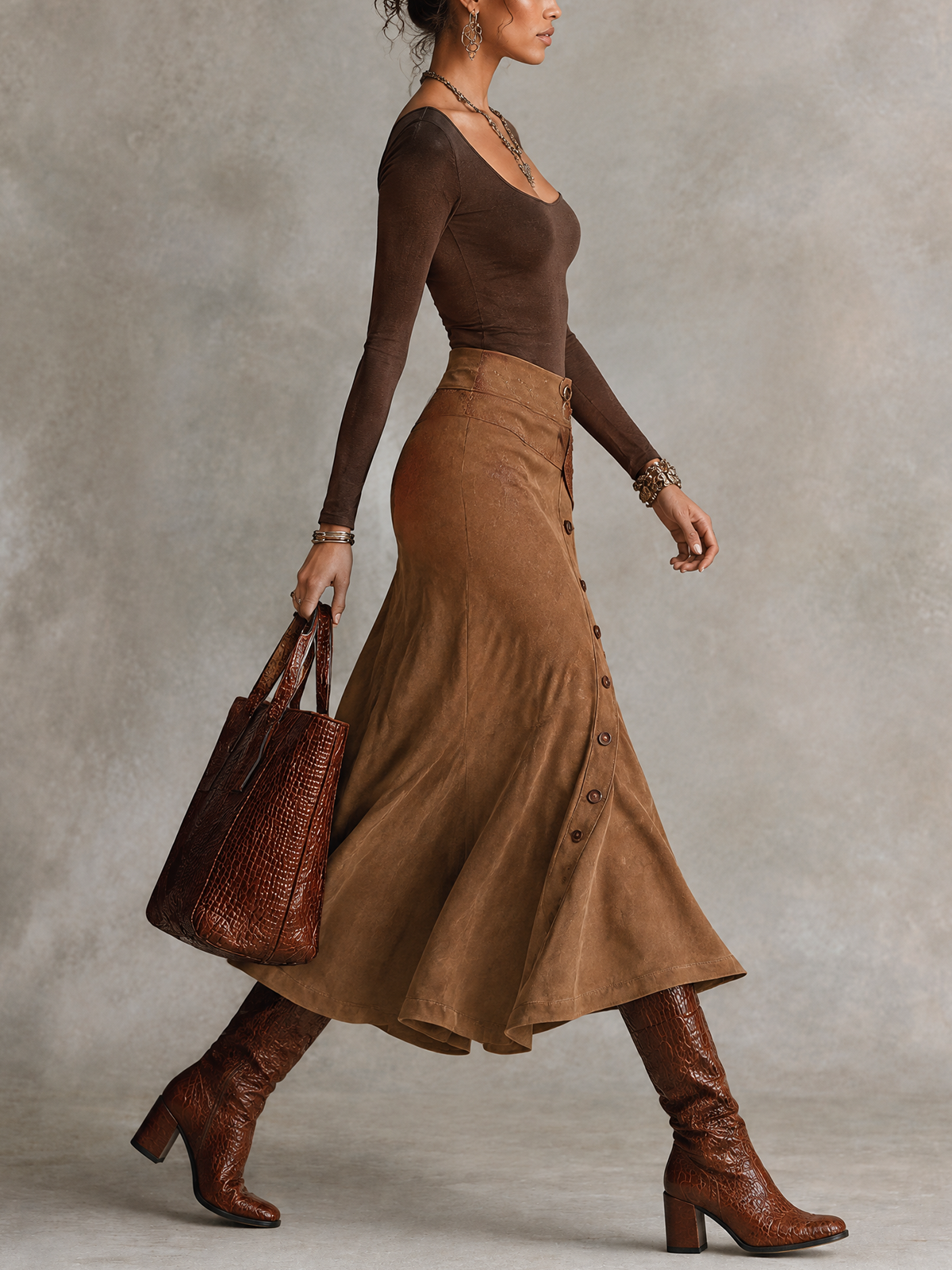 Brown Square Neck Long Sleeve Top And Faux Suede Mermaid Midi Skirt Set