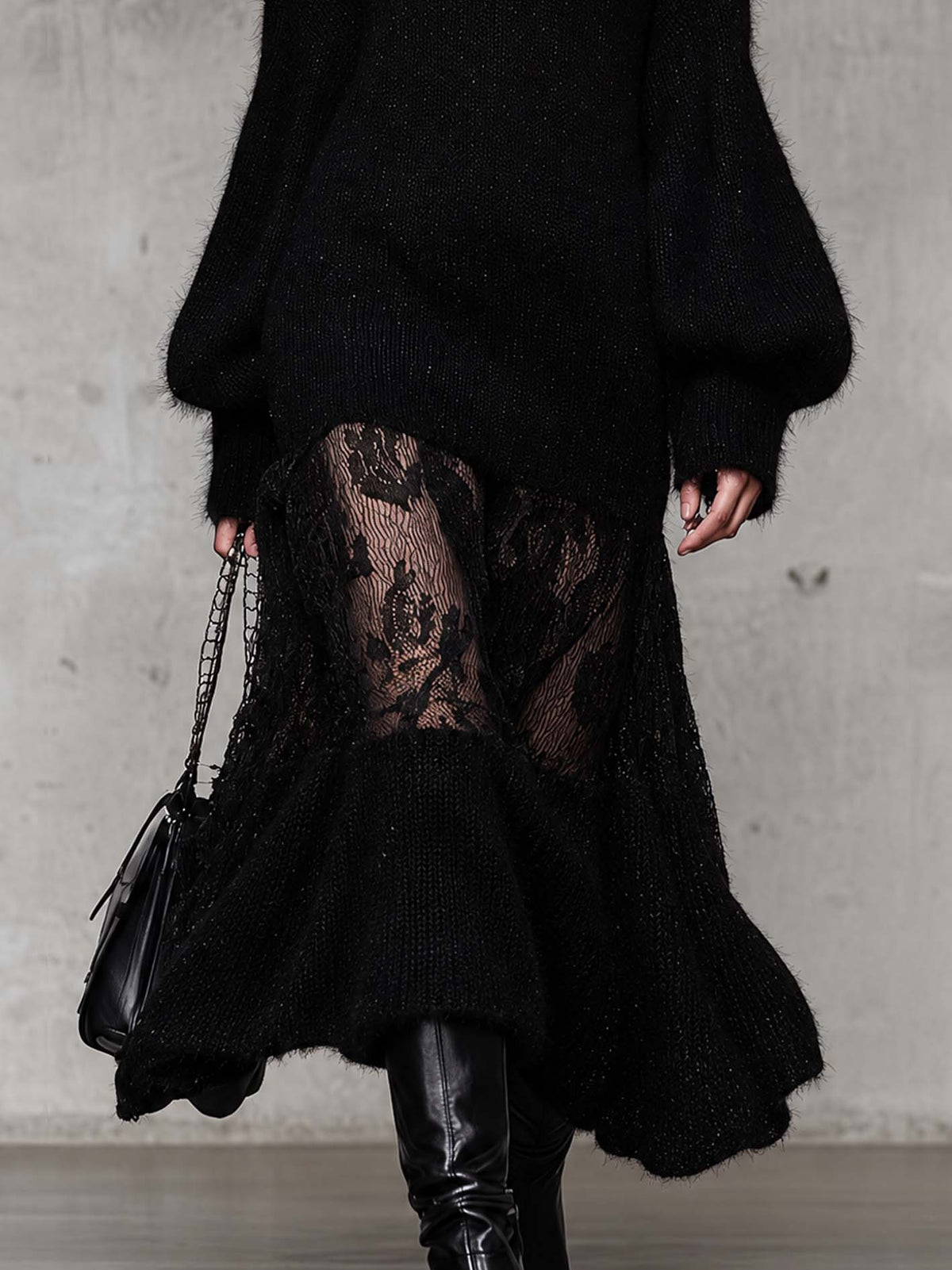 Black Shimmer Mohair Knit Maxi Dress With Sheer Lace Patchwork And Ruffled Hem