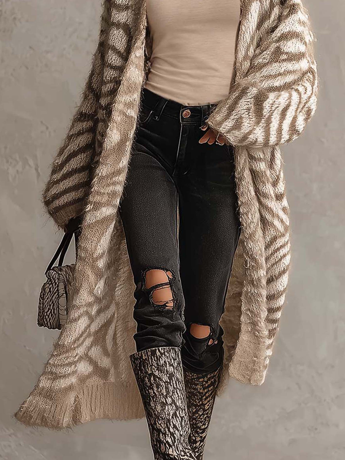 Beige Zebra Stripe Fuzzy Knit Longline Cardigan