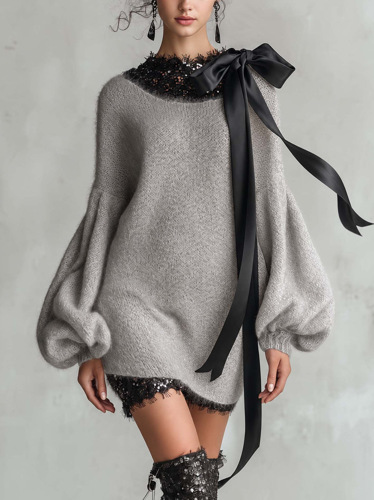 Gray Fuzzy Mohair Knit Mini Sweater Dress With Sequin Lace Trim And Black Satin Bow