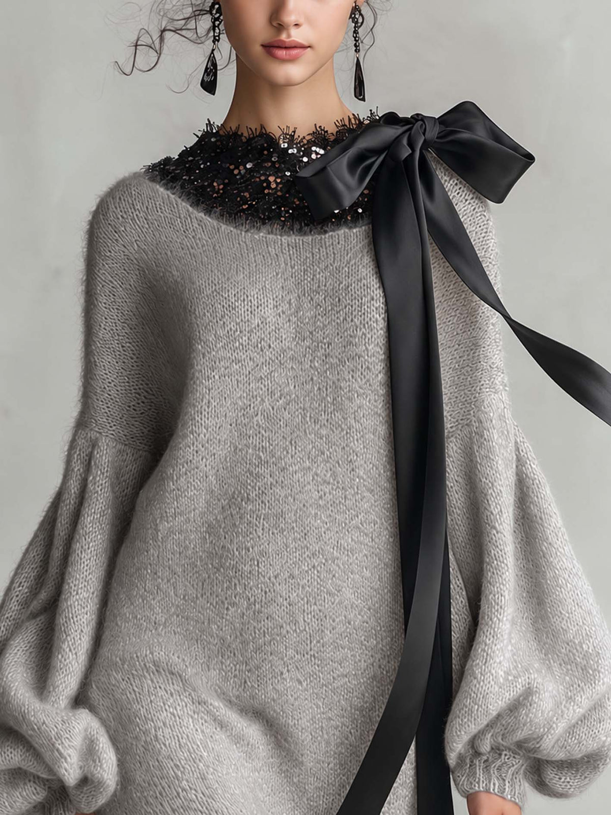 Gray Fuzzy Mohair Knit Mini Sweater Dress With Sequin Lace Trim And Black Satin Bow